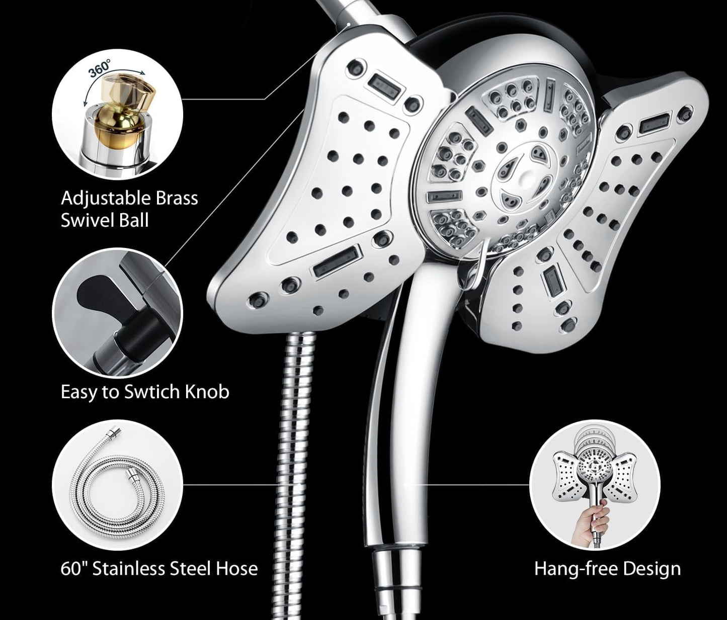 High Pressure Shower Head with Handheld: GRICH 2-in-1 Shower Heads with Hand Held Spray Combo, Anti-Leak 9 Spray Modes Handheld Shower Head & Rain Shower Head with Hose 60'', Angle Adjustable