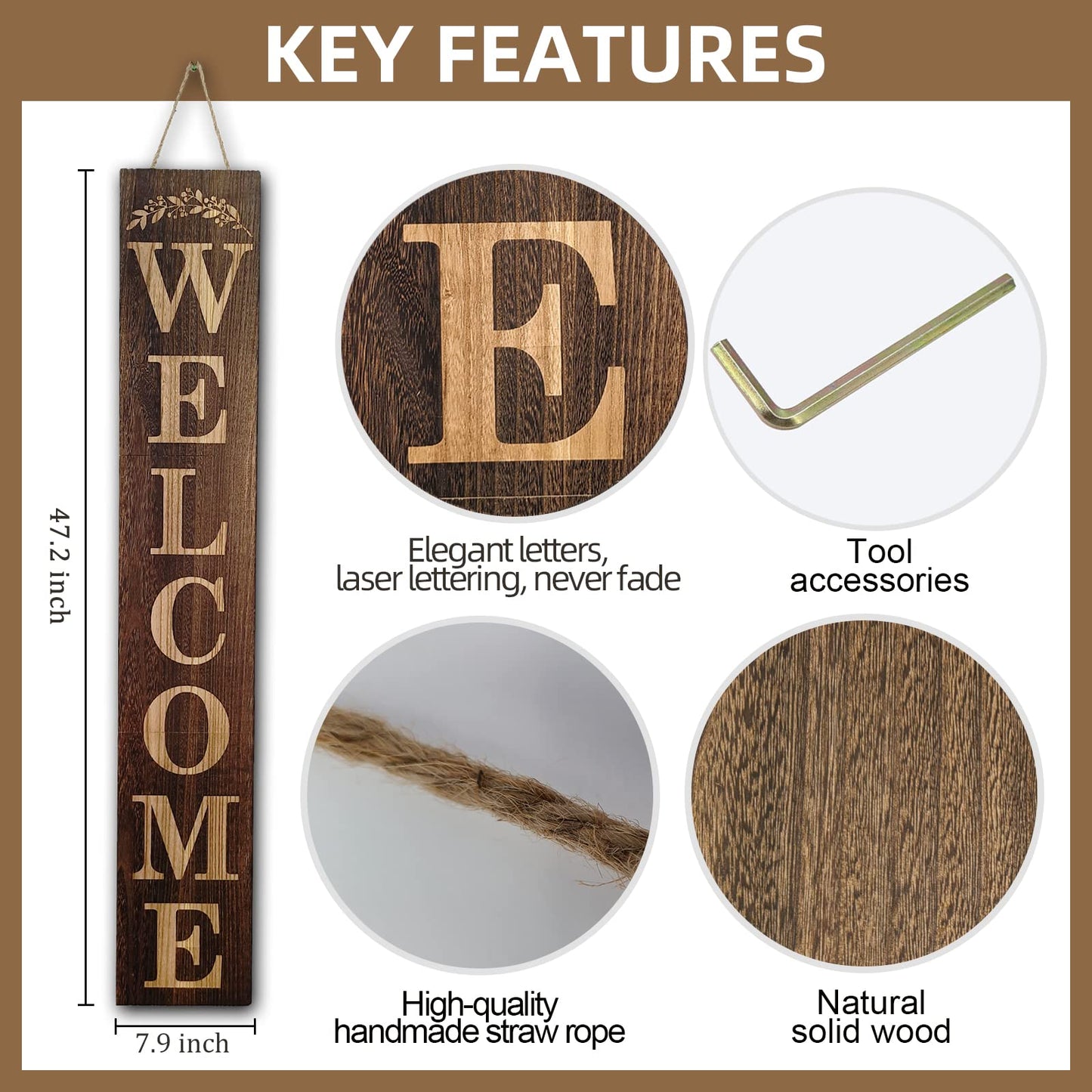 BXAIGR Wooden Welcome Sign, 47 Inch Tall, Brown, Farmhouse Rustic Style, Wall Mount, Outdoor Use