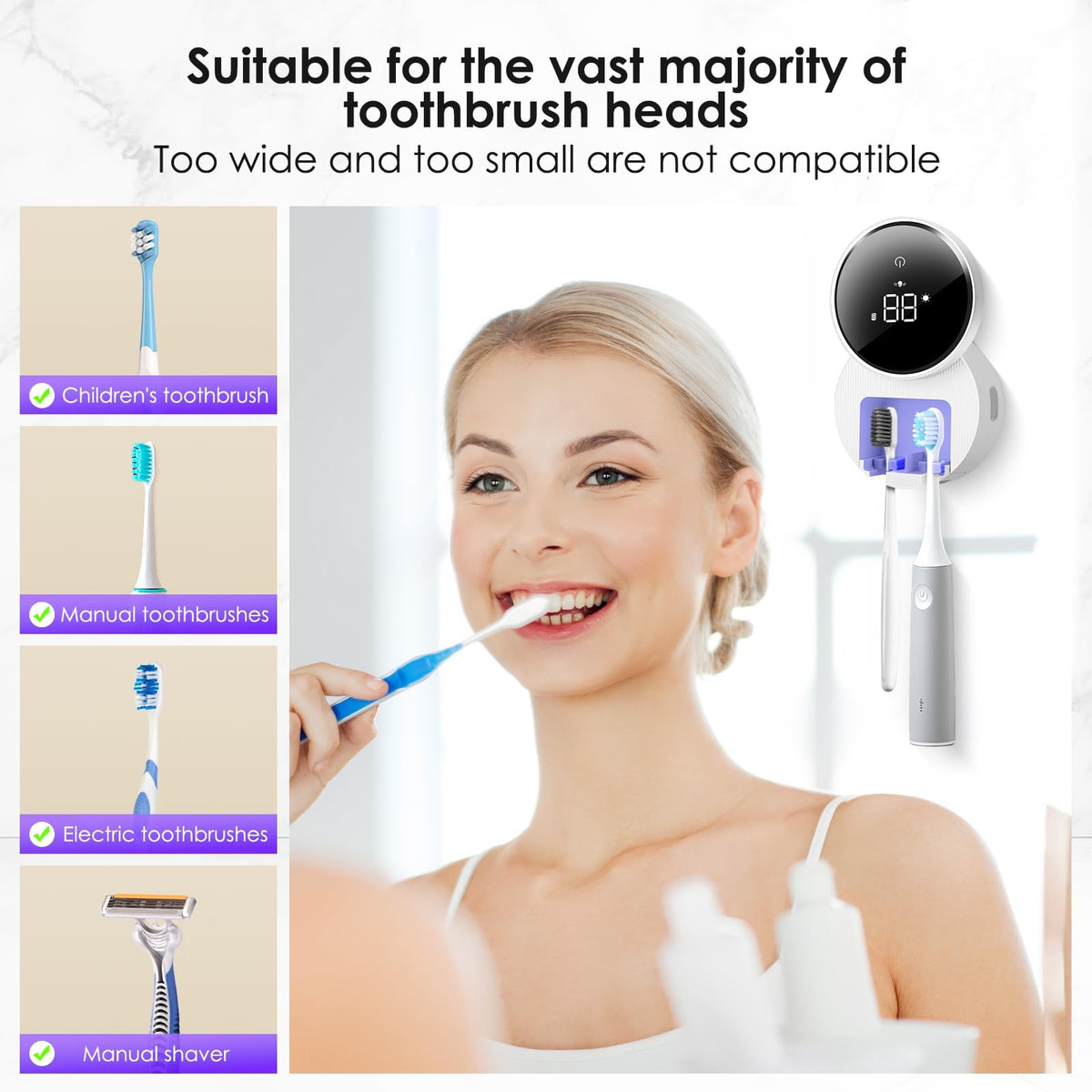 Wall Mounted Toothbrush Holder & Toothbrush Cleaner,Electric Toothbrush Holder, Razor Holder and Cleaner for Bathroom Accessory, with Auto Inductive Open/Close Cover, Clean, Dry for Home, Travel