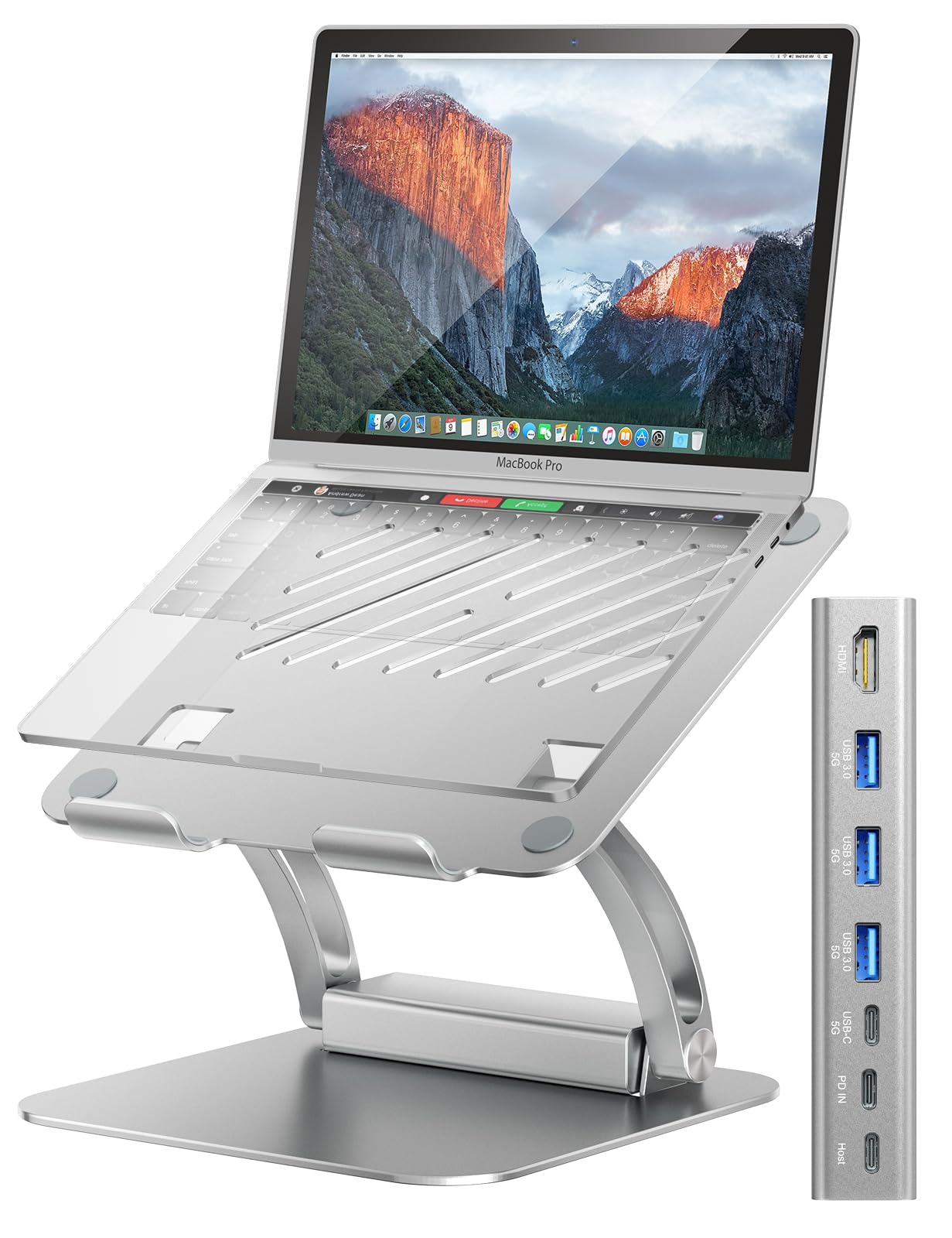 Tounee Laptop Stand with Detachable USB-C Hub, 100W PD Charging, 4K@60Hz HDMI, USB-A & USB-C 3.0 Ports, Host Port, Ergonomic Aluminum Laptop Holder for 10-17" Laptops, MacBook & More (Silver)