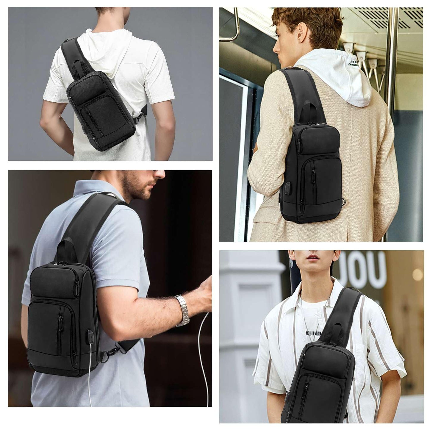Sling Bag for Men Women, 900D Waterproof Fabric, USB Charging Port, Smart Strap with Card Pocket, Breathable Back Design for Daily Commute Travel Weekend Dates