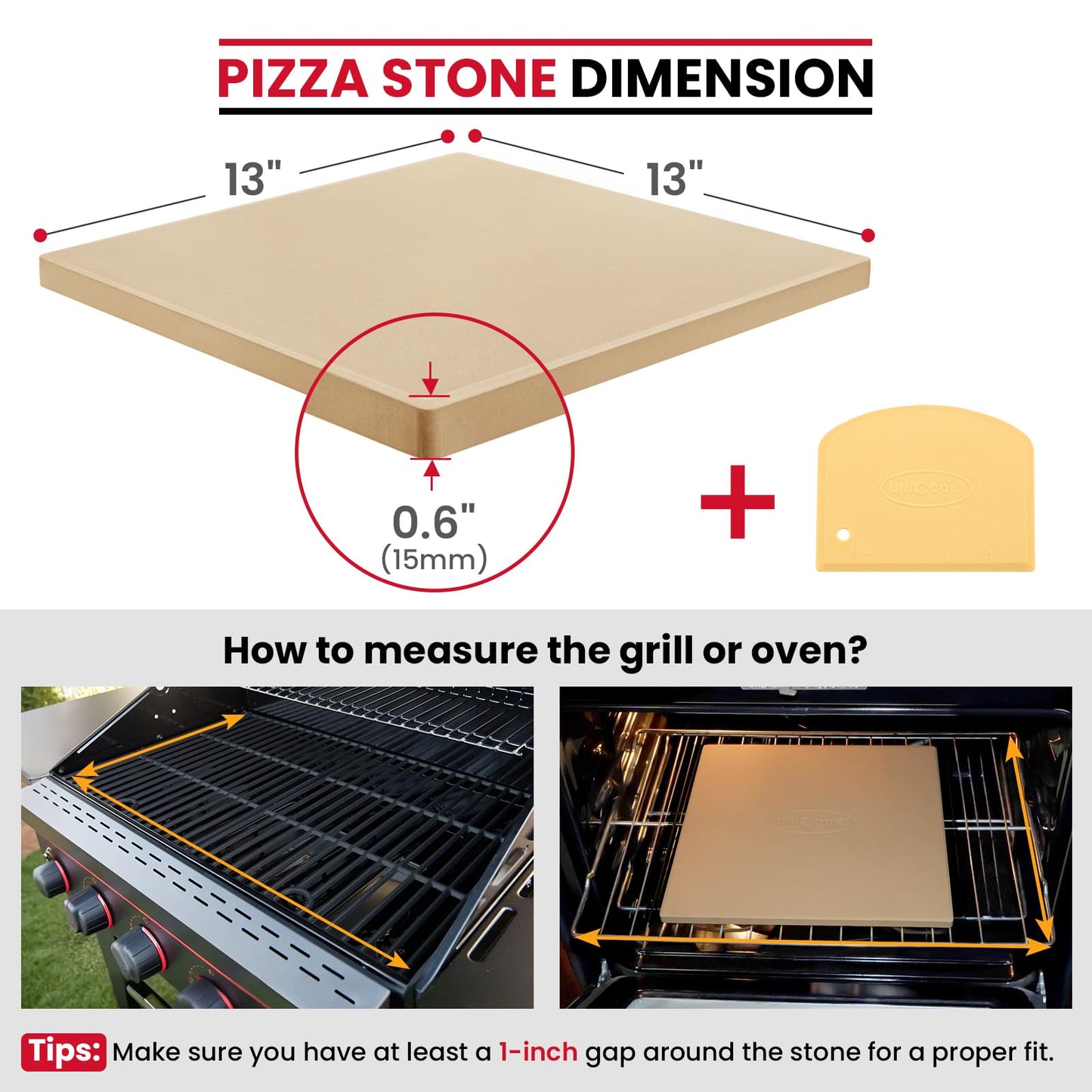 Unicook Pizza Stone for Oven and Grill, 13 inch Square Heavy Duty Ceramic Pizza Pan, Thermal Shock Resistant Baking Stone for BBQ and Grill, Making Crispy Pastry, Bread, Cookie and More