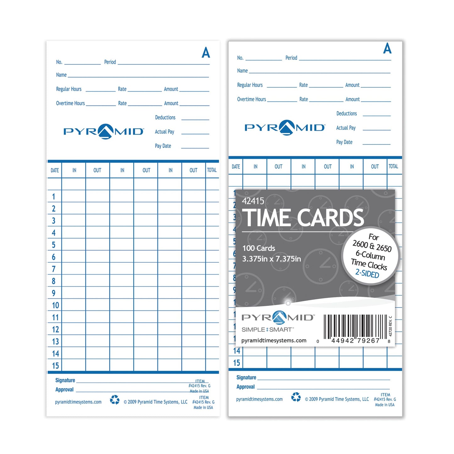 Pyramid Time Systems - Genuine and Authentic Time Cards (42415) for Pyramid Models 2500, 2500K1, 2600 and 2650 Auto Aligning Time Clocks, Double Sided Time Sheets (3.38 x 7.44 in) - 100 Time Cards