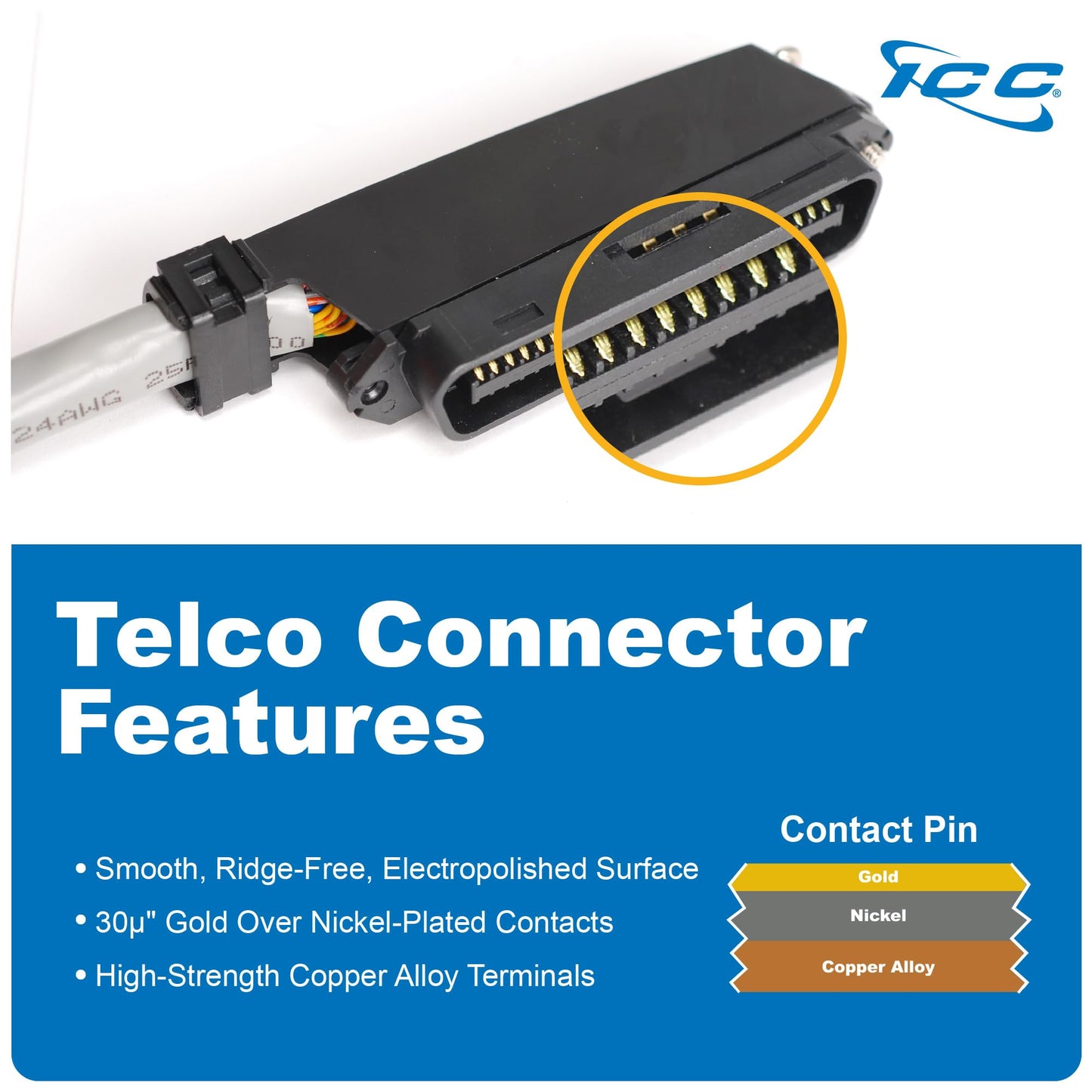 ICC Female to Male Telco Cable Assembly in 25 Pair, 25 FT