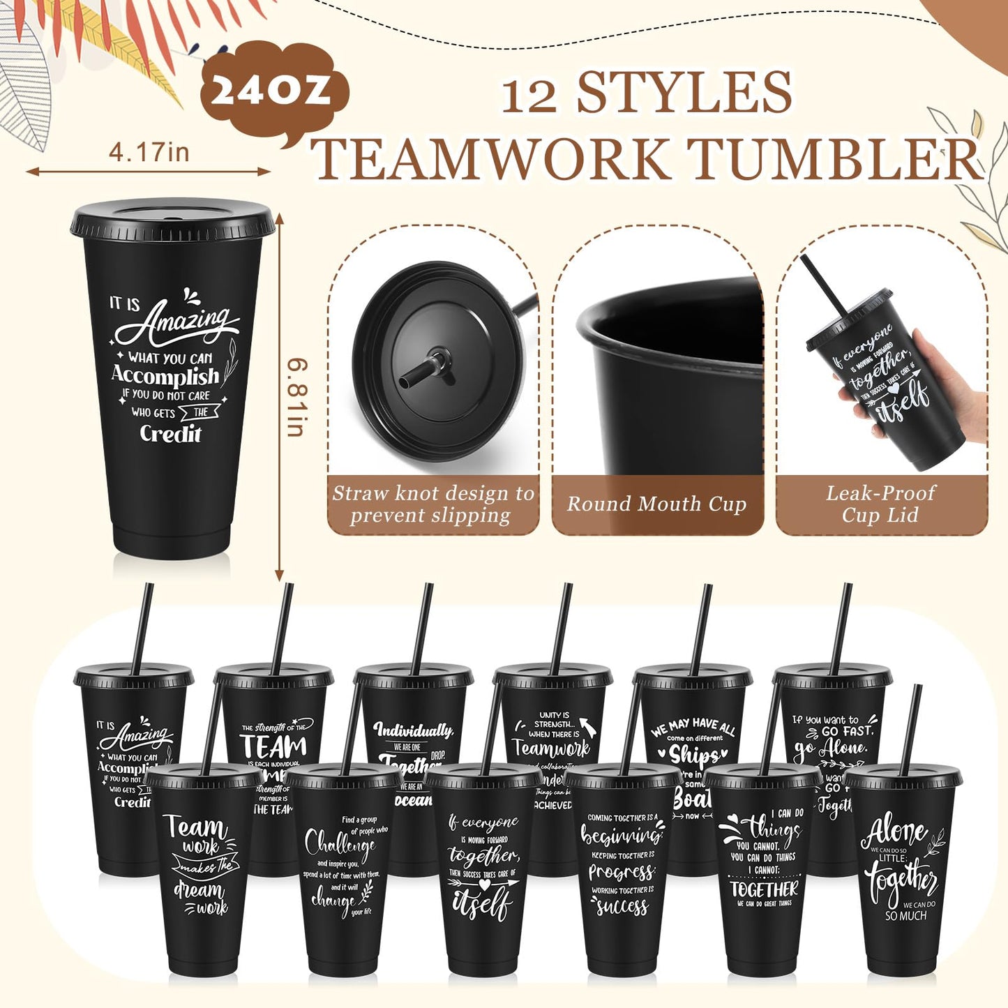 Hollowfly 48 Pcs Team Appreciation Gifts for Employee 24 oz Inspirational Plastic Cups Bulk with Lid and Straw Notebooks Ballpoint Pens Keychain Set Thanksgiving Christmas Gifts (Black)