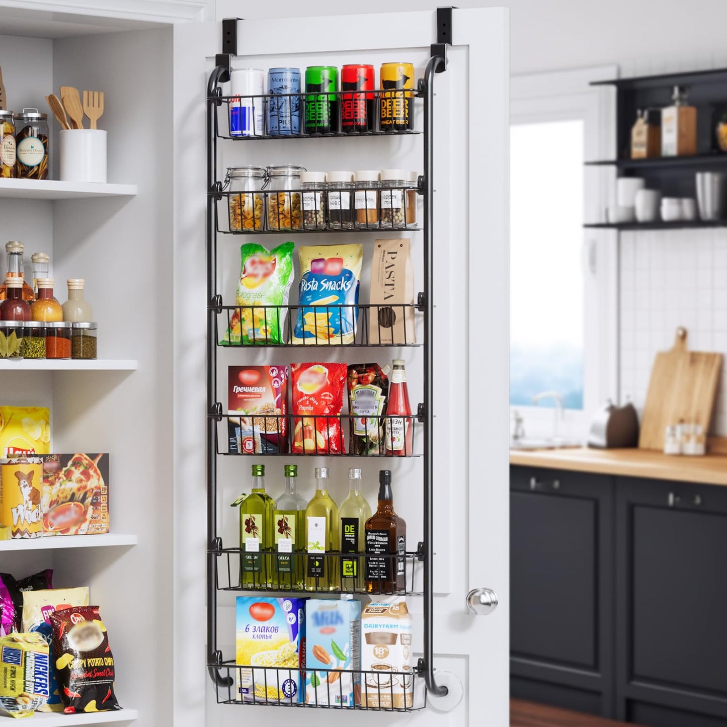 Delamu Over the Door Pantry Organizer, 6 Tier Pantry Organizers and Storage, Metal Cabinet Door Organizer, Hanging Spice Rack Shelves for Home & Kitchen, D4.65xW18xH50inch, Black