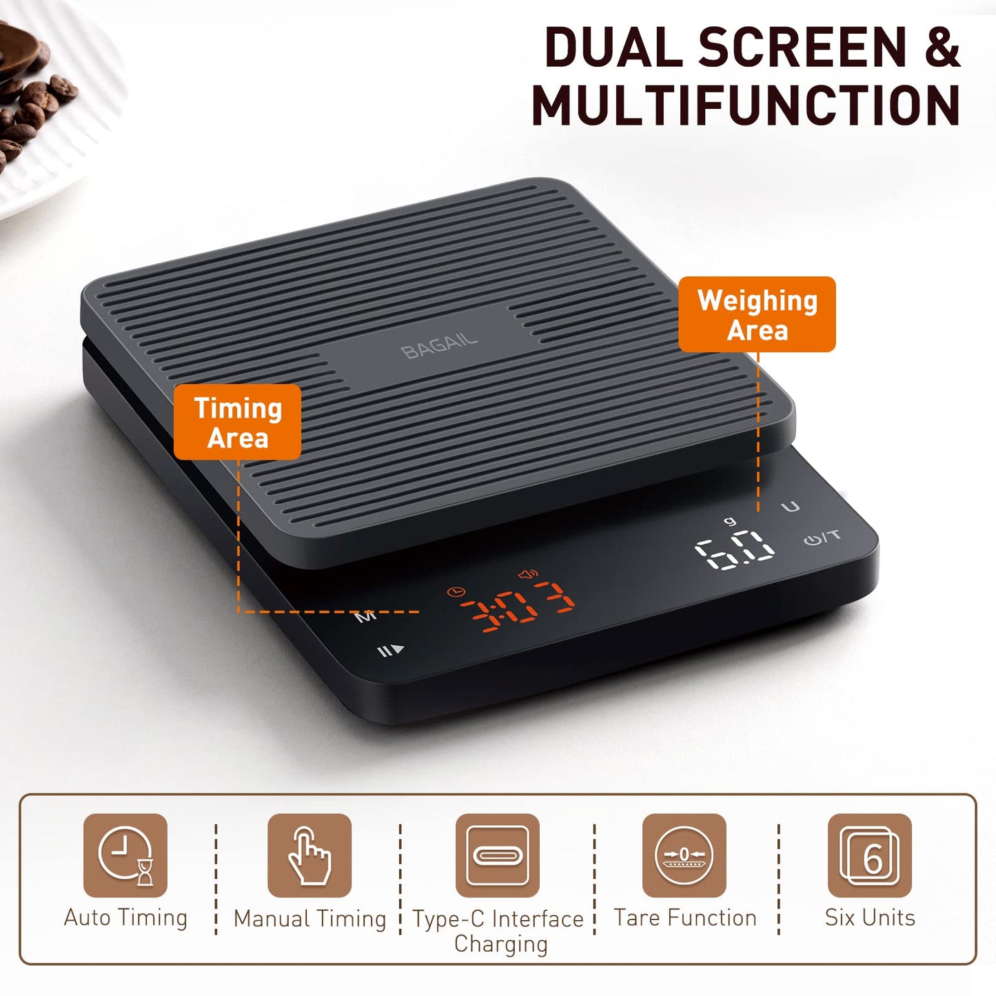 BAGAIL BASICS Kitchen Scale with Timer, 0.1g High Precision Coffee Scale, Drip Espresso Scale with Auto Tare, Touch Sensor and Silicone Cover - 6.6 lbs/3 kg