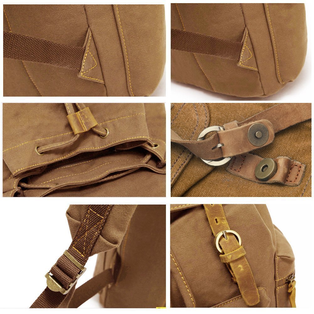 Koolehaoda Vintage Canvas Backpack Leather Rucksack Knapsack Unisex Casual Backpack 17inch Laptop Backpack Hiking Bag(L Khaki)