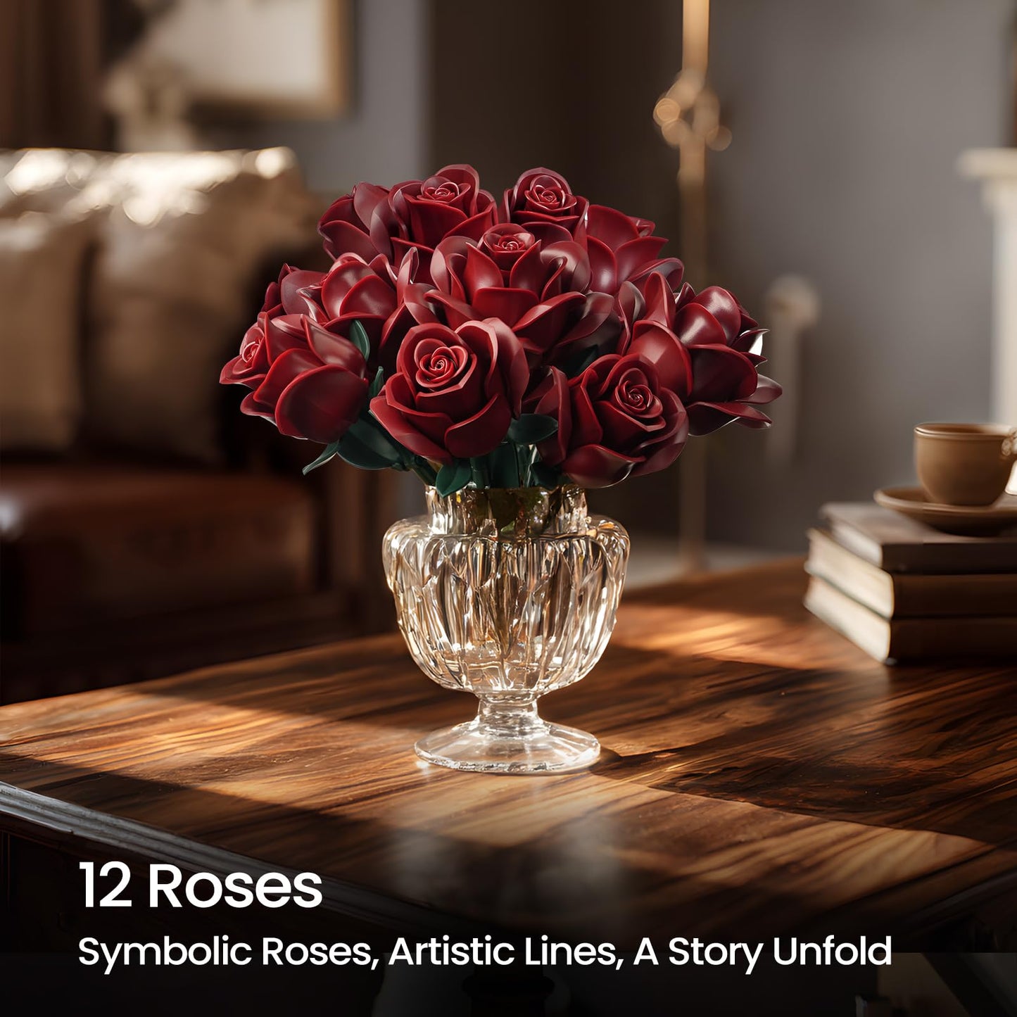 Botanicals Bouquet of Burgundy Red Rose Artificial Flowers Building Set,Compatible with Lego,Fake Flowers for Adults Women,Gift for Christmas Halloween Valentines Artificial Plant Gothic Home Decor