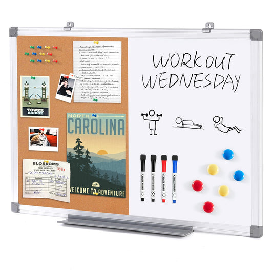 Cork Board and Dry Erase Board Combo Bulletin Board Combination Magnetic WhiteBoard Calendar Pin Notice Board for Home Office School with 4 Dry Erase Maker+6 Magnets+12 Pushpins, 24x18inches