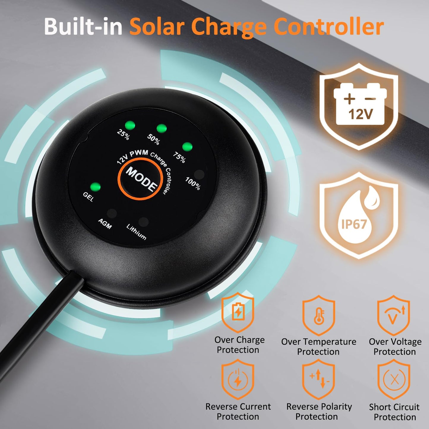 Solar Panel Kit 25W 12V Solar Battery Trickle Charger Maintainer, Built-in Waterproof PMW Controller, Adjustable Mount Bracket for Car Automotive Boat Marine RV Trailer 12V Battery