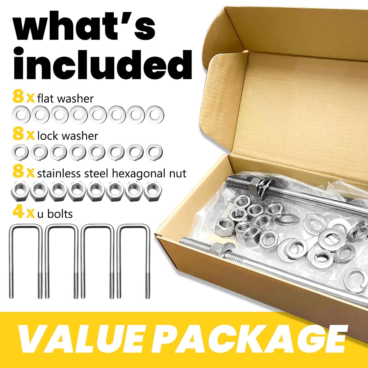 SENKEYFE 4 Pcs 304 Stainless Steel Square U-Bolts with Washers & Nuts, 1/2"-13 Thread, 1/2" D x2-1/16" W x6-5/16" L, Silver Marine Kit