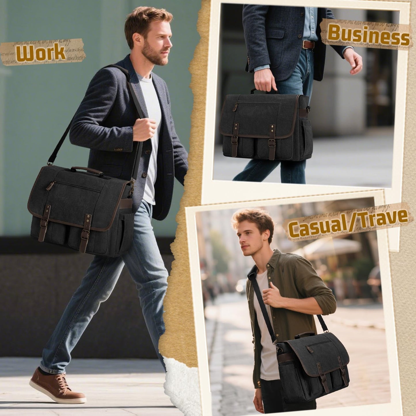RAINSMORE Canvas Messenger Bag Men 17-17.3 Inch Laptop Bag Computer Briefcase Water Resistant Satchel Bag for Men Work Office