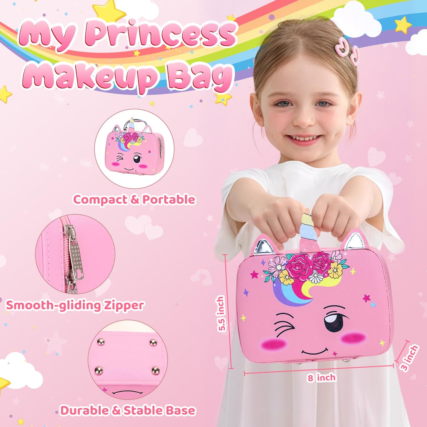 Kids Nail Polish Set for Girls,Kids Makeup Kit for Girls Non-Toxic Quick Drying,Christmas Birthday Gifts,Unicorn Gift for Girl,Princess Dress Up Toy Age 3+(Unicorn Pink)