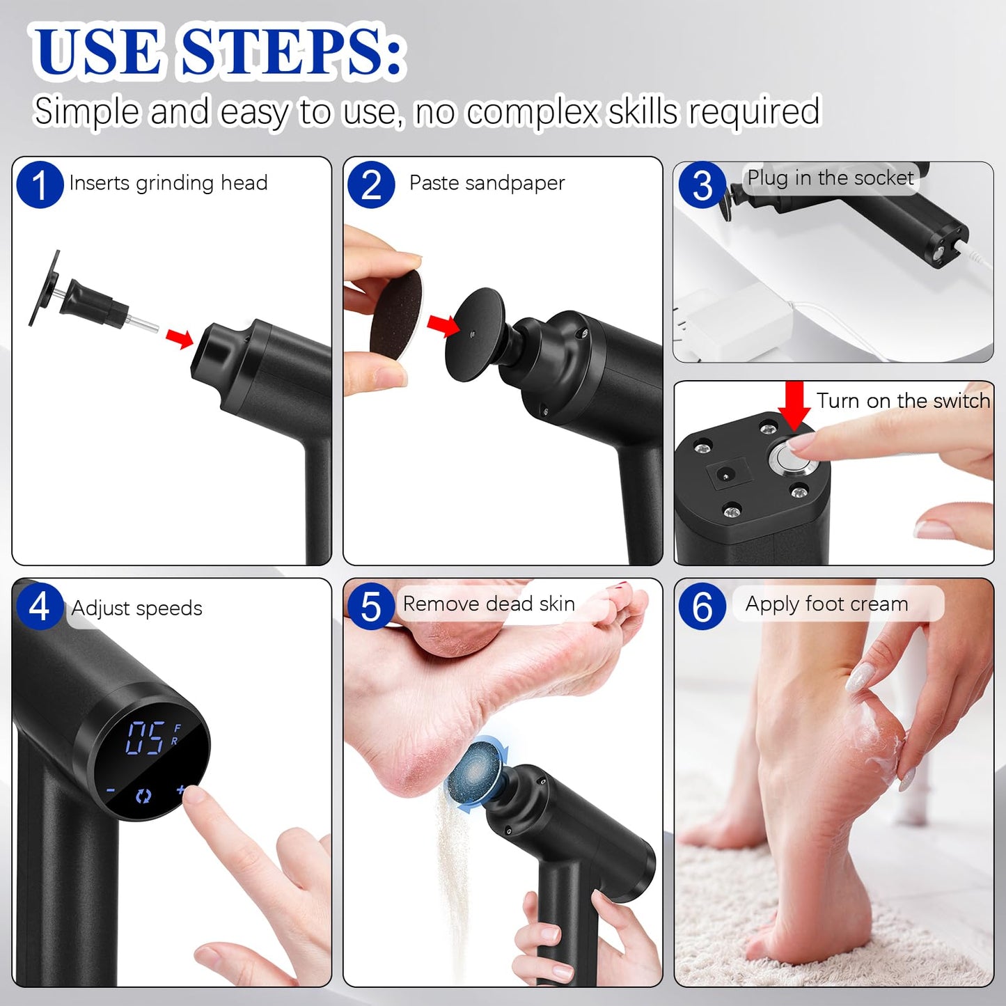 Callus Remover for Feet 4500rpm, Professional Electric Foot Callus Remover Adjustable Speed Foot File Electric Foot Sander Grinder Pedicure Tool Women Men Use (Black)