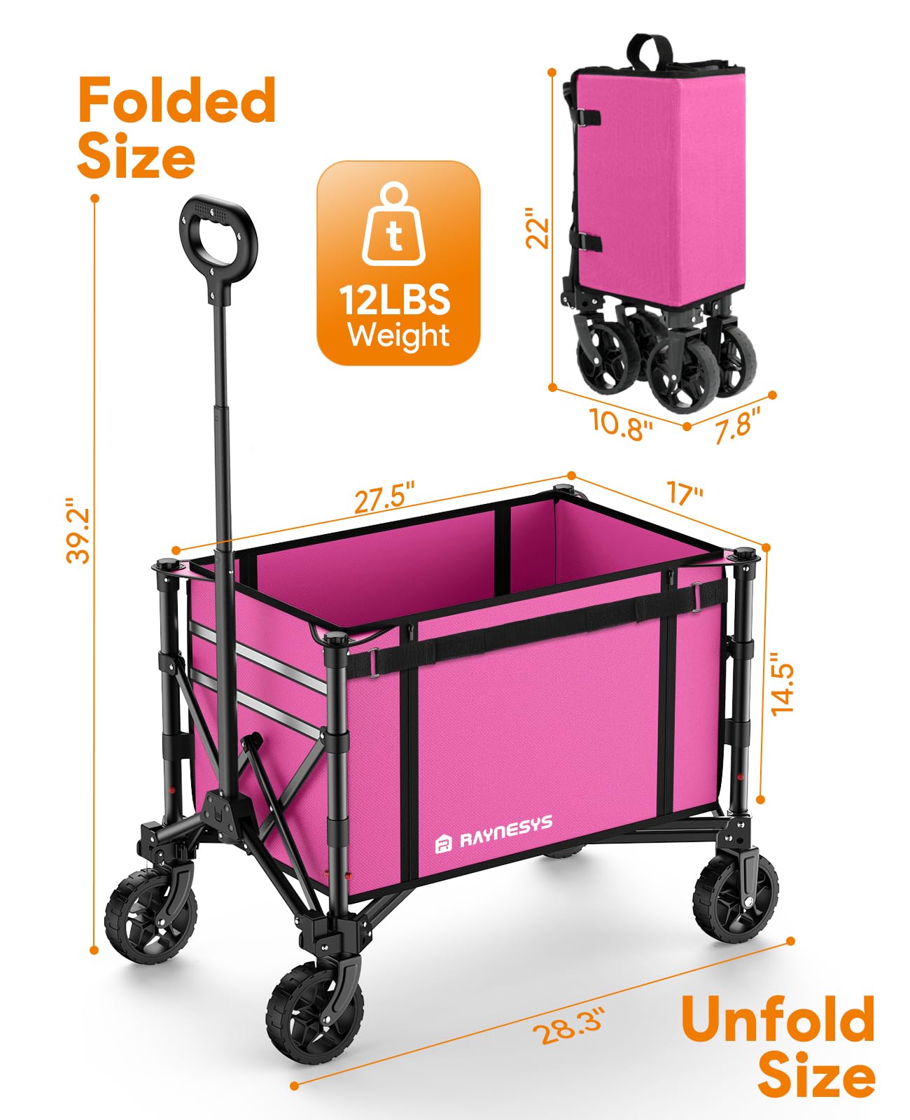3 in 1 Collapsible Wagon Converts to Bench, 220lbs Foldable Wagon Cart with Wheels, 120L Shopping Cart for Groceries Folding Utility Wagon for Beach, Garden, Camping, Sport (Pink)