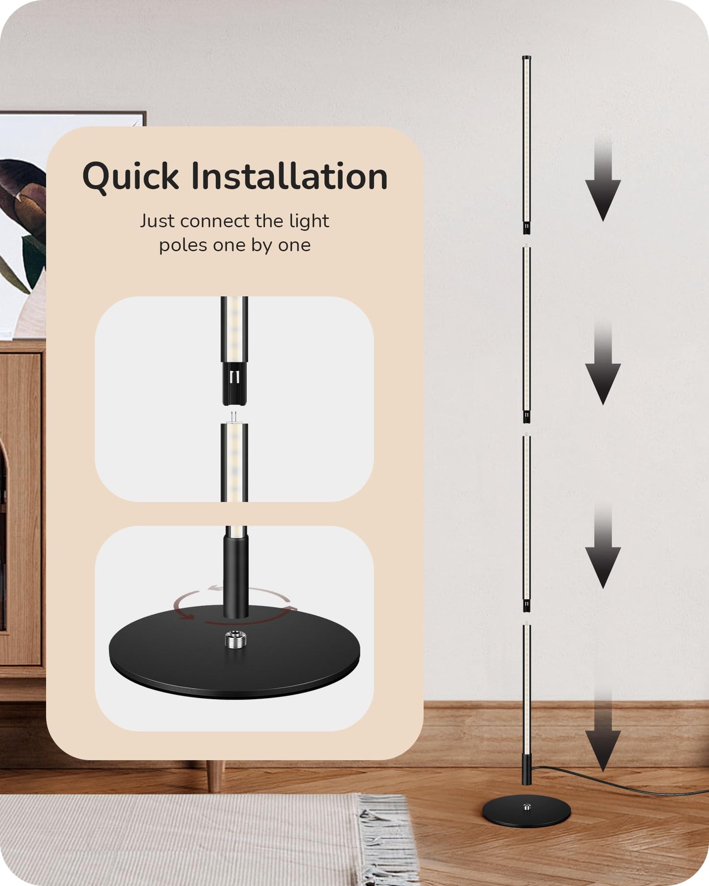 EDISHINE LED Corner Floor Lamp, 57.5" Minimalist Dimmable Sleek Light, Adjustable Height, Standing Tall Lamp for Living Room, Bedroom, Office, 3000K Warm White Light (Black)
