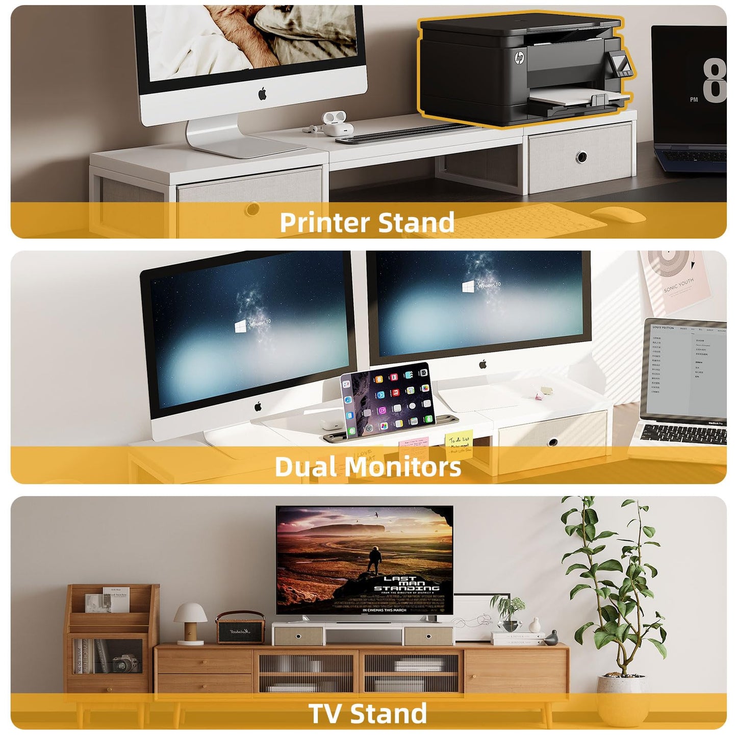 Mexin Dual Monitor Stand Riser with 2 Drawers, 39 Inch Extra Long Wood Desk Organizer, Desktop Riser for Laptop, Printer, Computer, TV, Perfect for Home Office, White