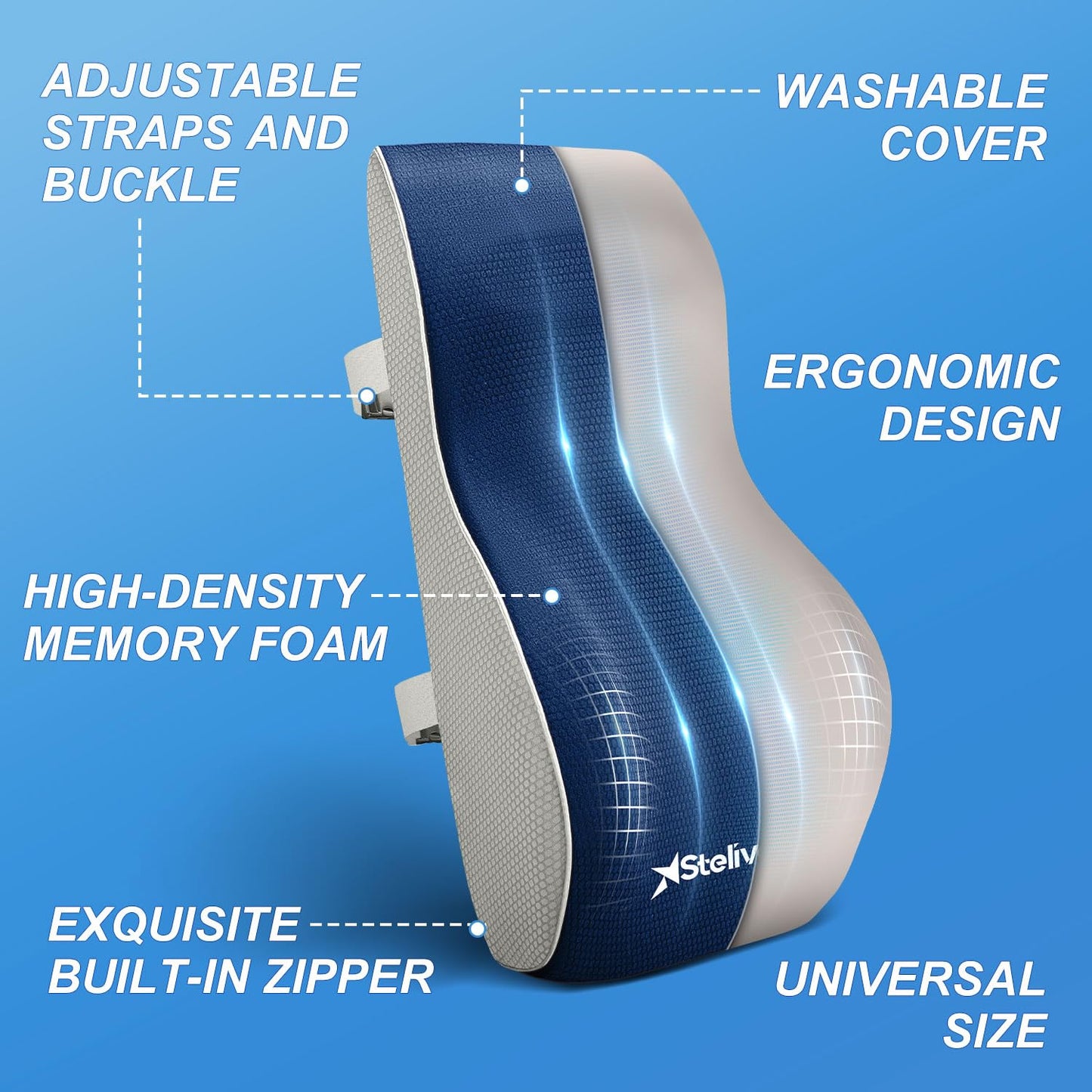 Stelive Ergonomic Lumbar Support Cushion, Orthopedic Memory Foam Back Support Pillow with Breathable Cover & Adjustable Straps for Back Pain Relief & Posture Support in Office, Car, Gaming Chairs