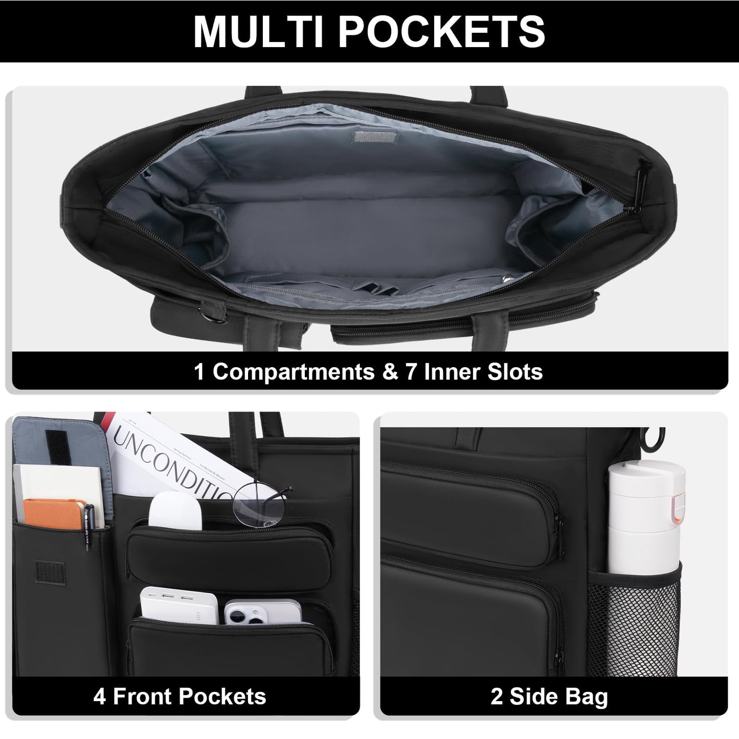 MOSISO Laptop Tote Bag for Women, 15-16 inch Laptop Bag for Men, Large Capacity Work Tote Shoulder Bags with Trolley Sleeve&Cup Holder&Strap inside Teacher Work College Business Office Travel, Black