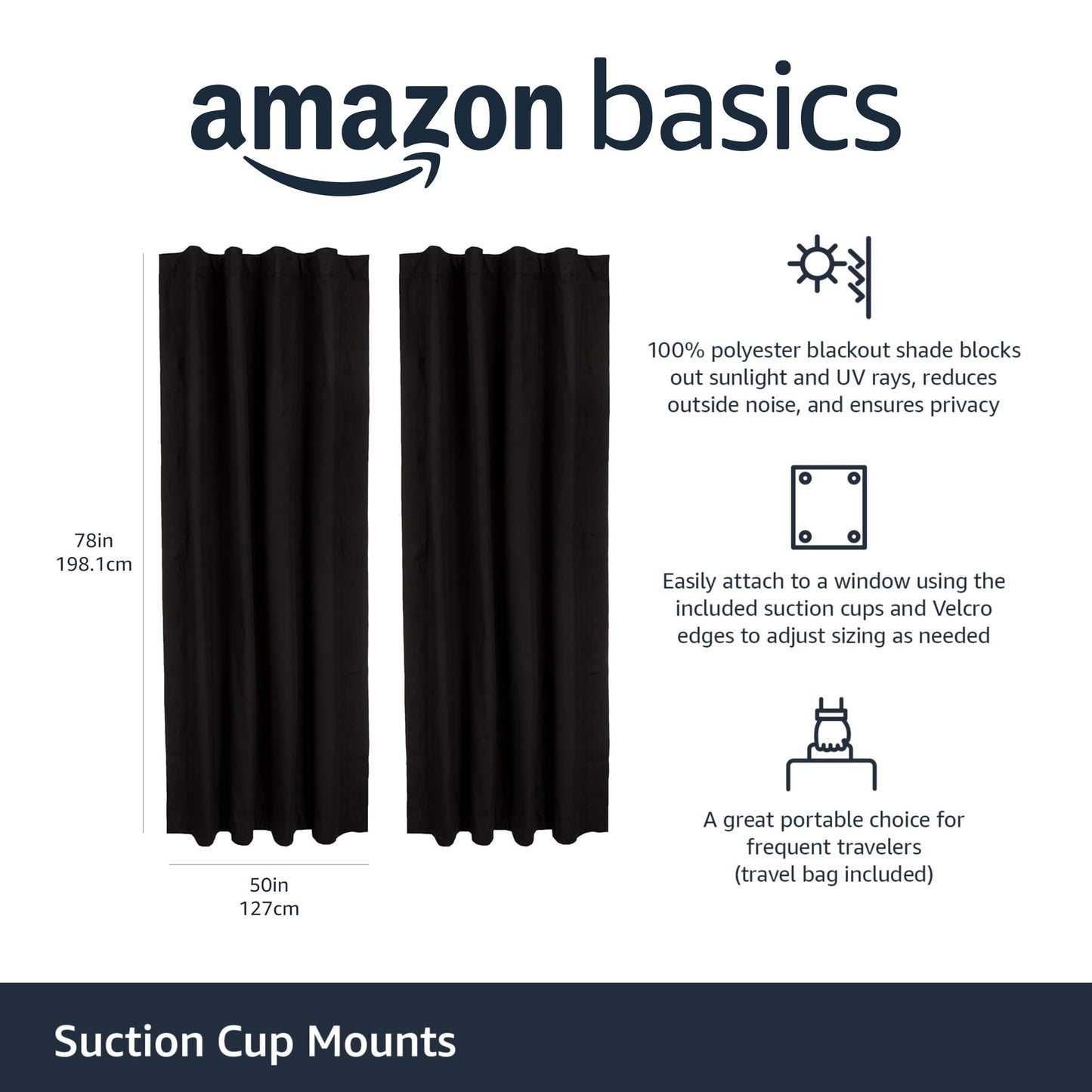 Amazon Basics Portable Window Blackout Curtain Shade with Suction Cups for Travel, Kids, and Baby Nursery - 127cm W x 198.12cm L, Black - 2-Pack