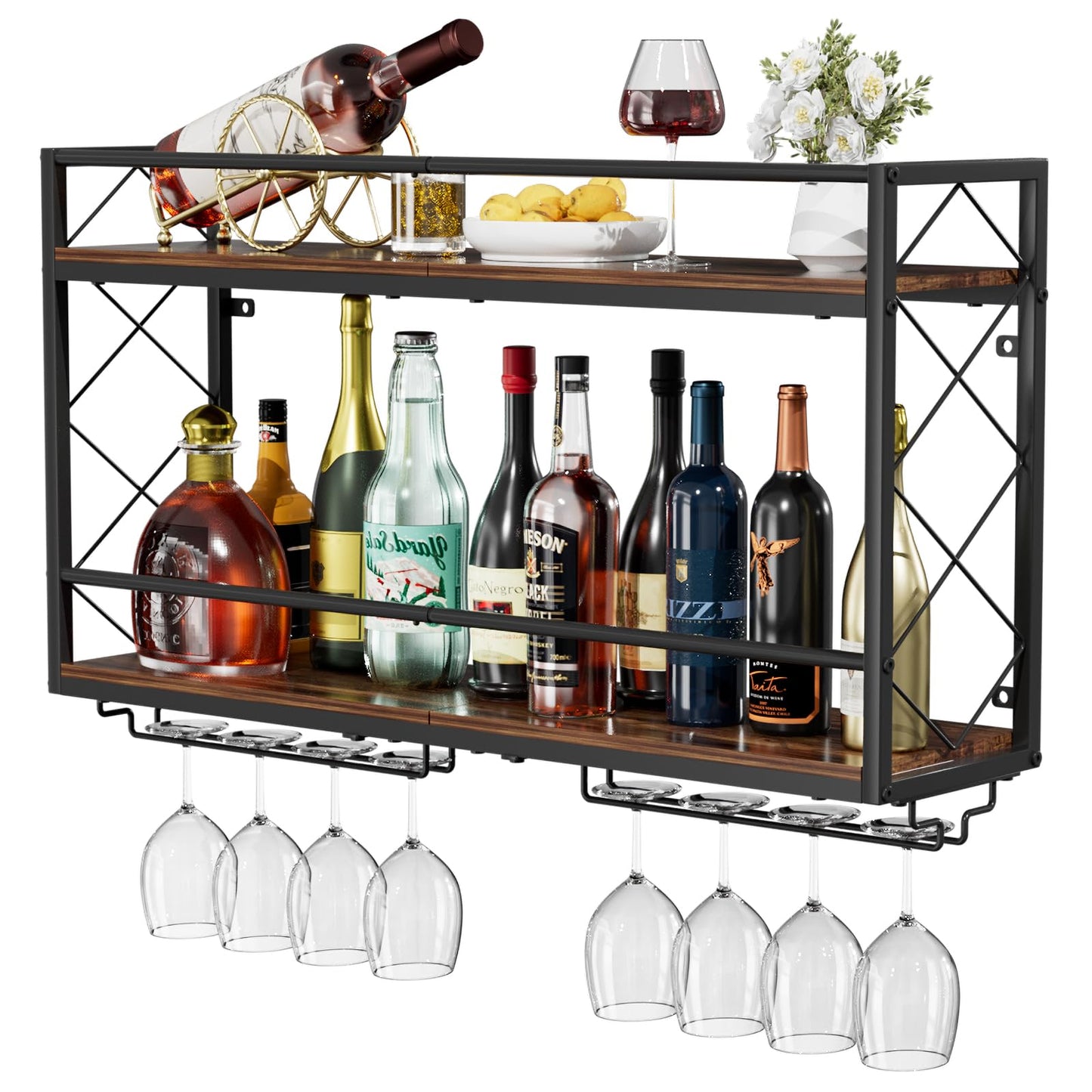 NEYCIL Wine Rack Wall Mount 2 Tier Wall Wine Rack with Glass Holder, Anti-Drop Crossbar, 31.5 Inch Metal Wine Rack for Home Kitchen Dining Room Bar, Black