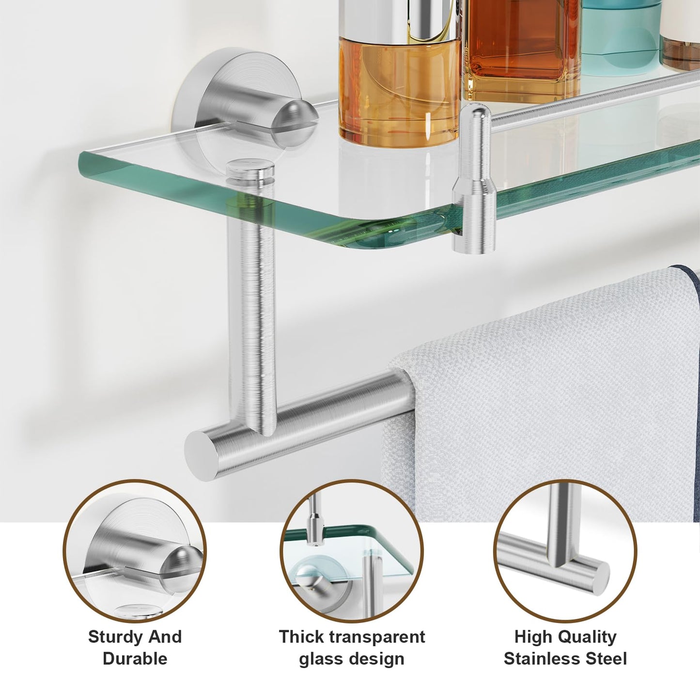 KOCOK 20" Tempered Glass Bathroom Shelf with Towel Bar, Brushed Nickel and Stainless Steel, Rustproof Tower Stand with Shelves