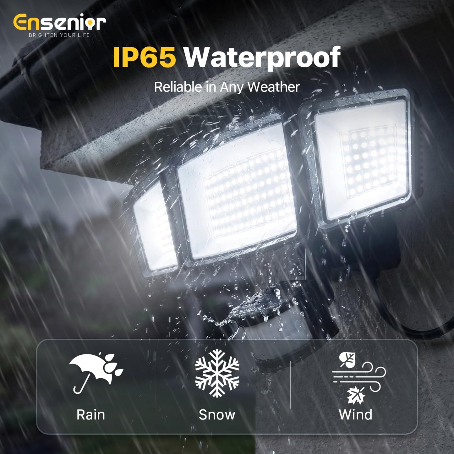 Ensenior 5 Motion Sensor Modes Solar Security Light, 1800LM 270° Wide Angle 3 Heads LED Flood Lights, IP65 Waterproof Wall Lights, Separate Solar Panel Remote Control Solar Lights Outdoor（Black）
