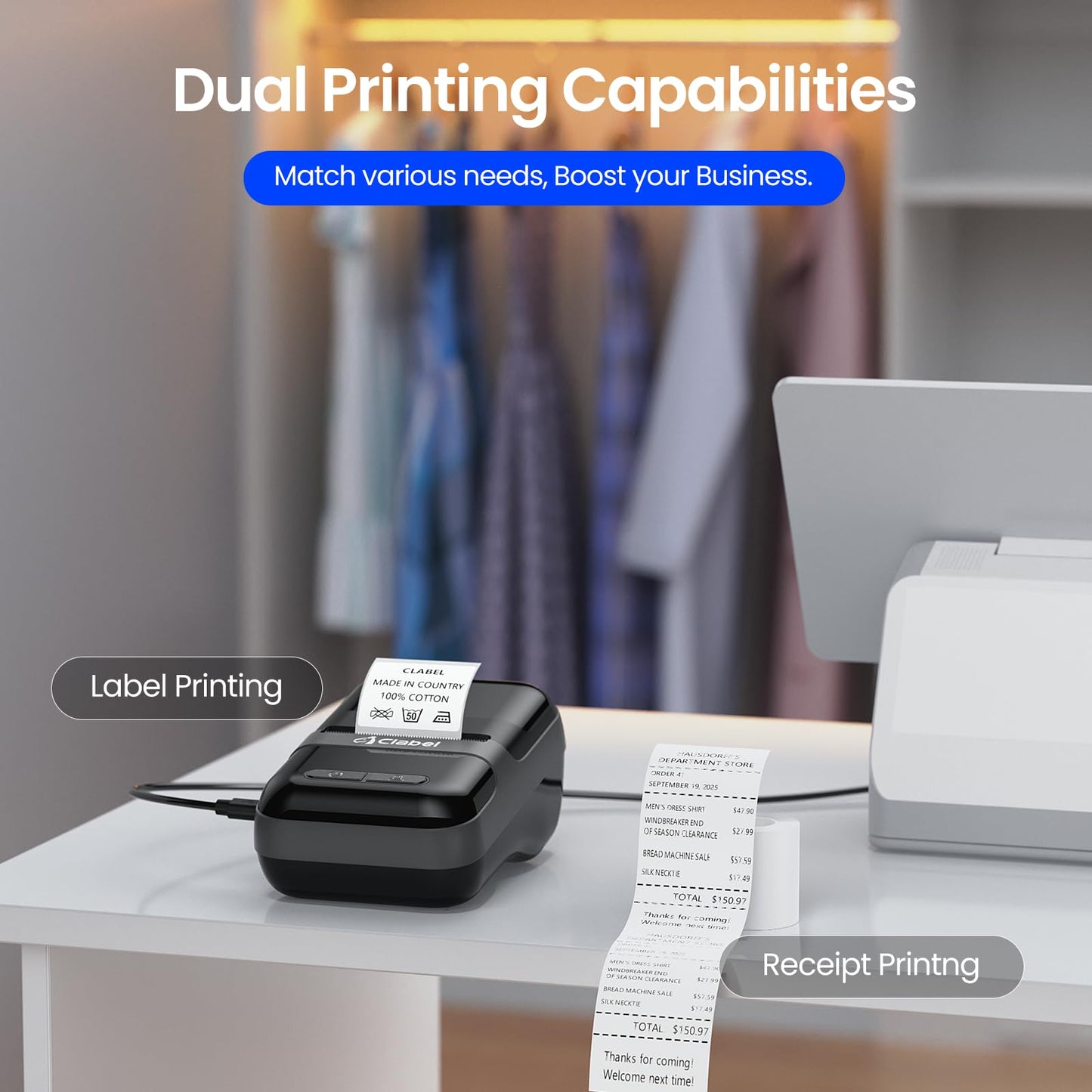 Label Maker CLABEL 220B, Portable Barcode Printer, Mini Wireless Thermal Label Maker Machine, Compatible with iOS System for Retail, QR Code, Small Business(Black)