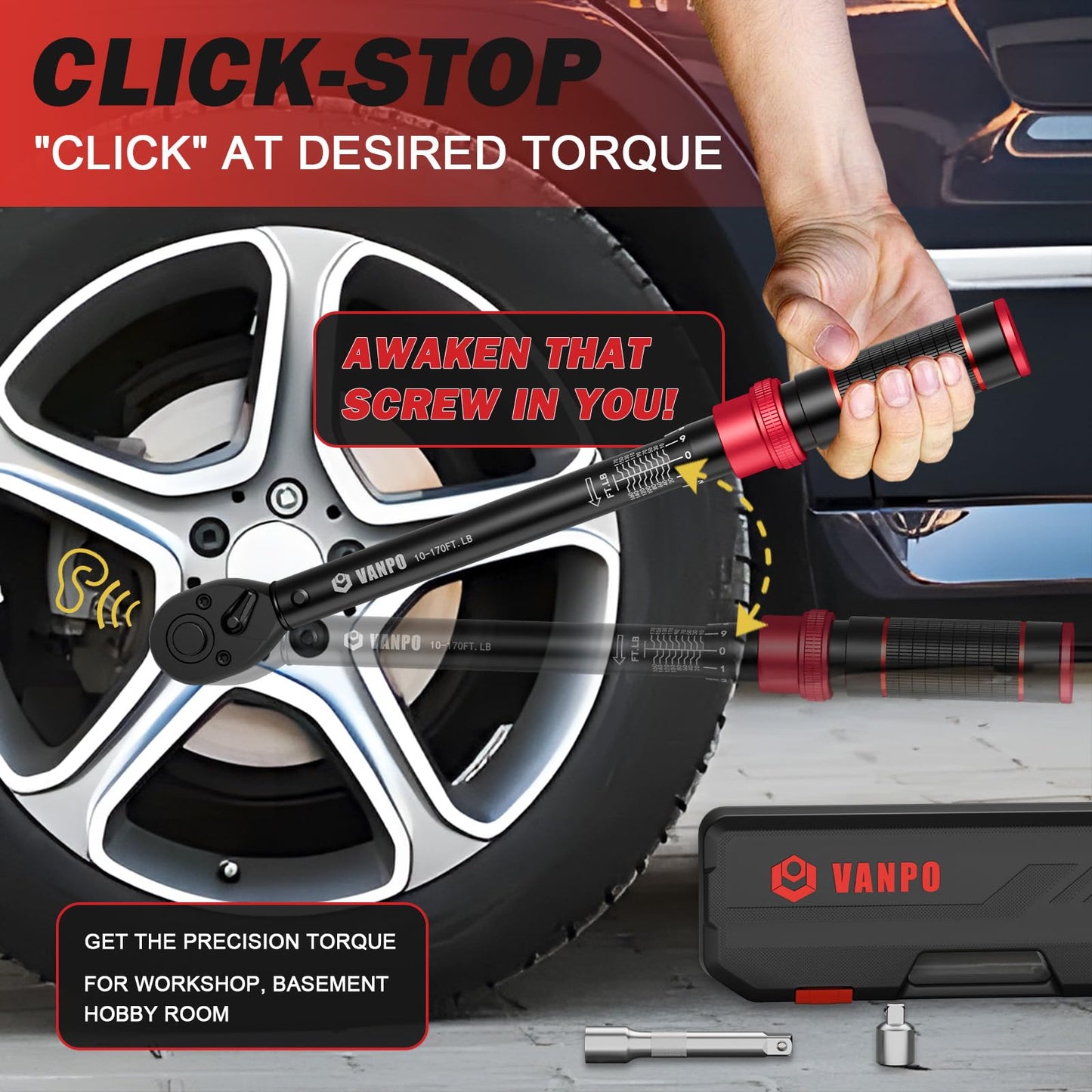 VANPO 1/2-inch Drive Click Torque Wrench,10-170 Ft-Lb/13.6-230.5 Nm,Adjustable Torque Wrench Set with 1/2" to 3/8" Adapter,125mm Extension Bar,72 Tooth, Dual-Direction Torque Wrench for Motorcycle,Car