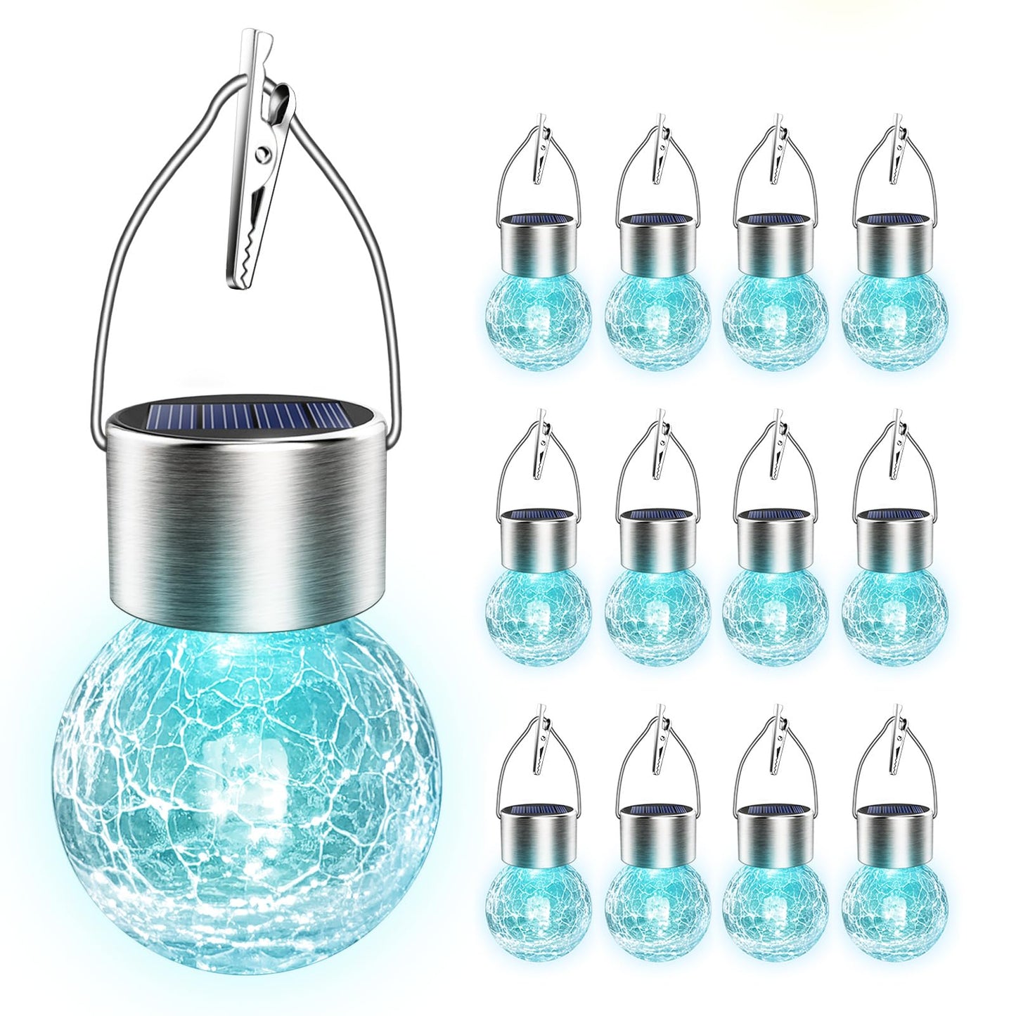 Ahongem Solar Hanging Lights Outdoor: 12 Cracked Glass Ball Lanterns with Clip - Waterproof LED White Lighting for Tree Fence Garden Art Decor - Gardening DIY Gift for Homeowner Over 30