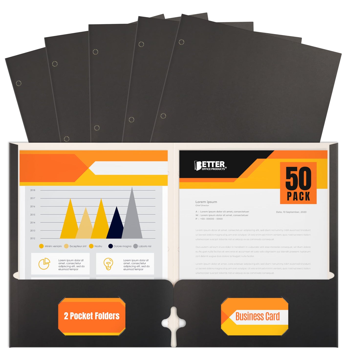 Better Office Products Two Pocket Portfolio Folders, 50-Pack, Black, Letter Size Paper Folders, 50 Pieces, Black