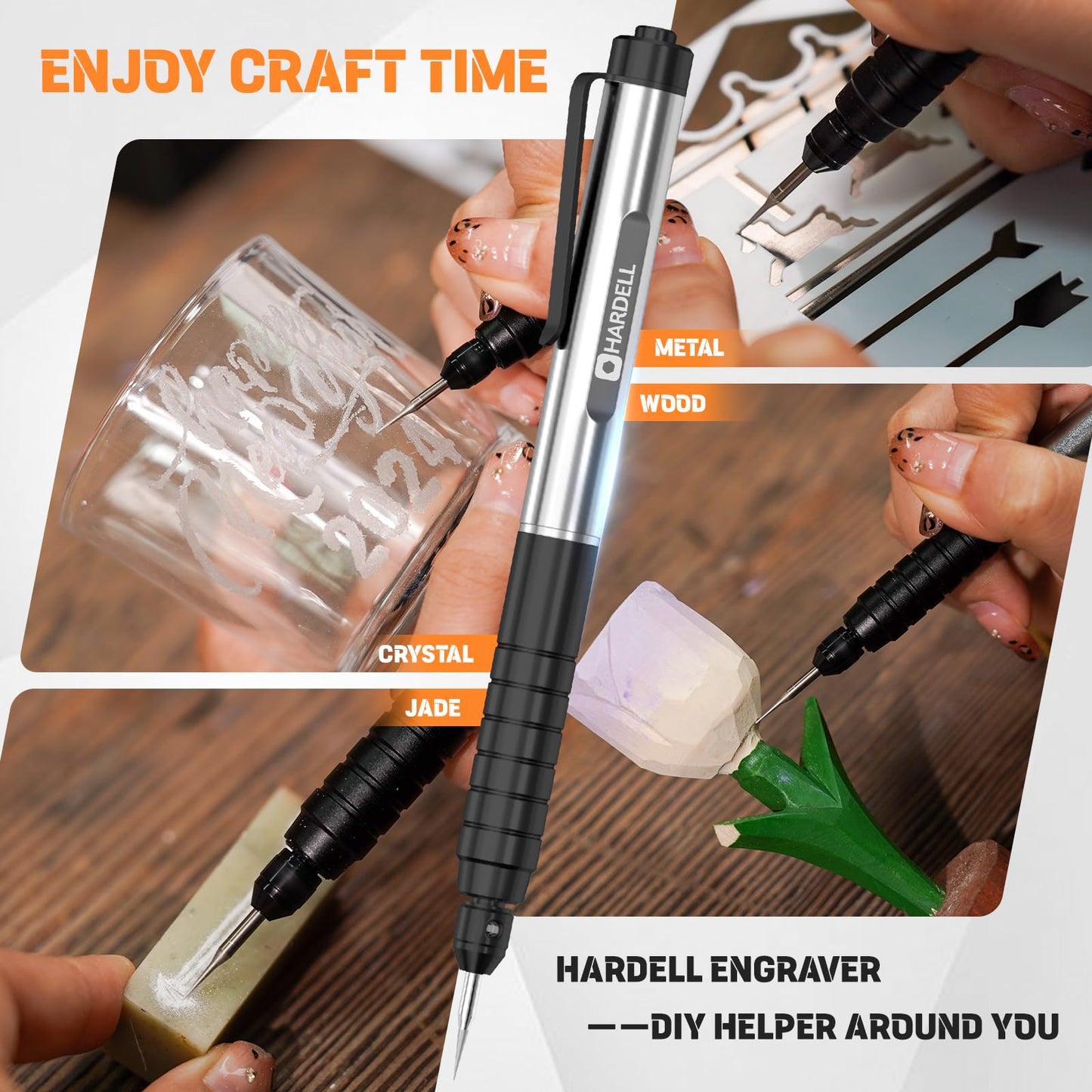 HARDELL Engraving Pen for DIY, Rechargeable Mini Engraver Pen with 6 Rotating Grinding Heads, Cordless Portable Electric Micro Engraver Machine for Jewelry, Glass, Wood, Ceramic, Metal