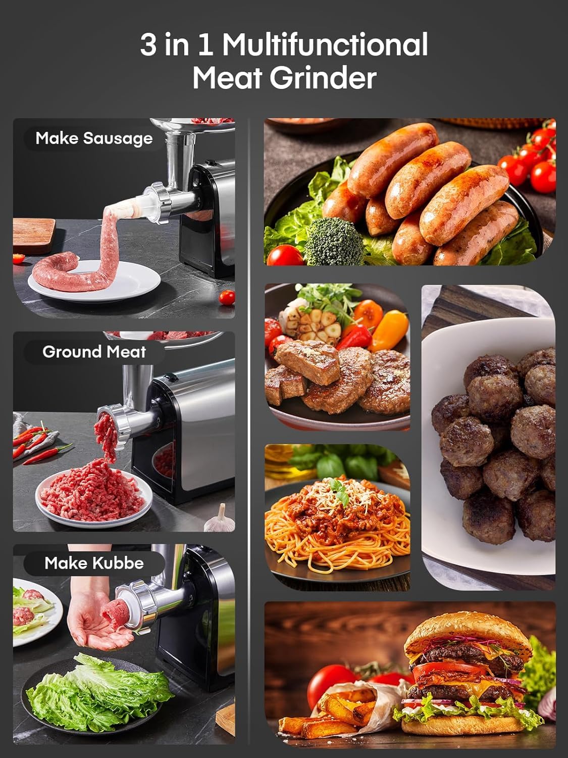 FOHERE Meat Grinder, Stainless Steel Sausage Stuffer Maker Meat Mincer Machine with 2 Blades & 3 Plates, 2000W Max Electric Food Grinder, Sausage Stuffer Tube & Kubbe Kit, Heavy Duty Meat Grinder