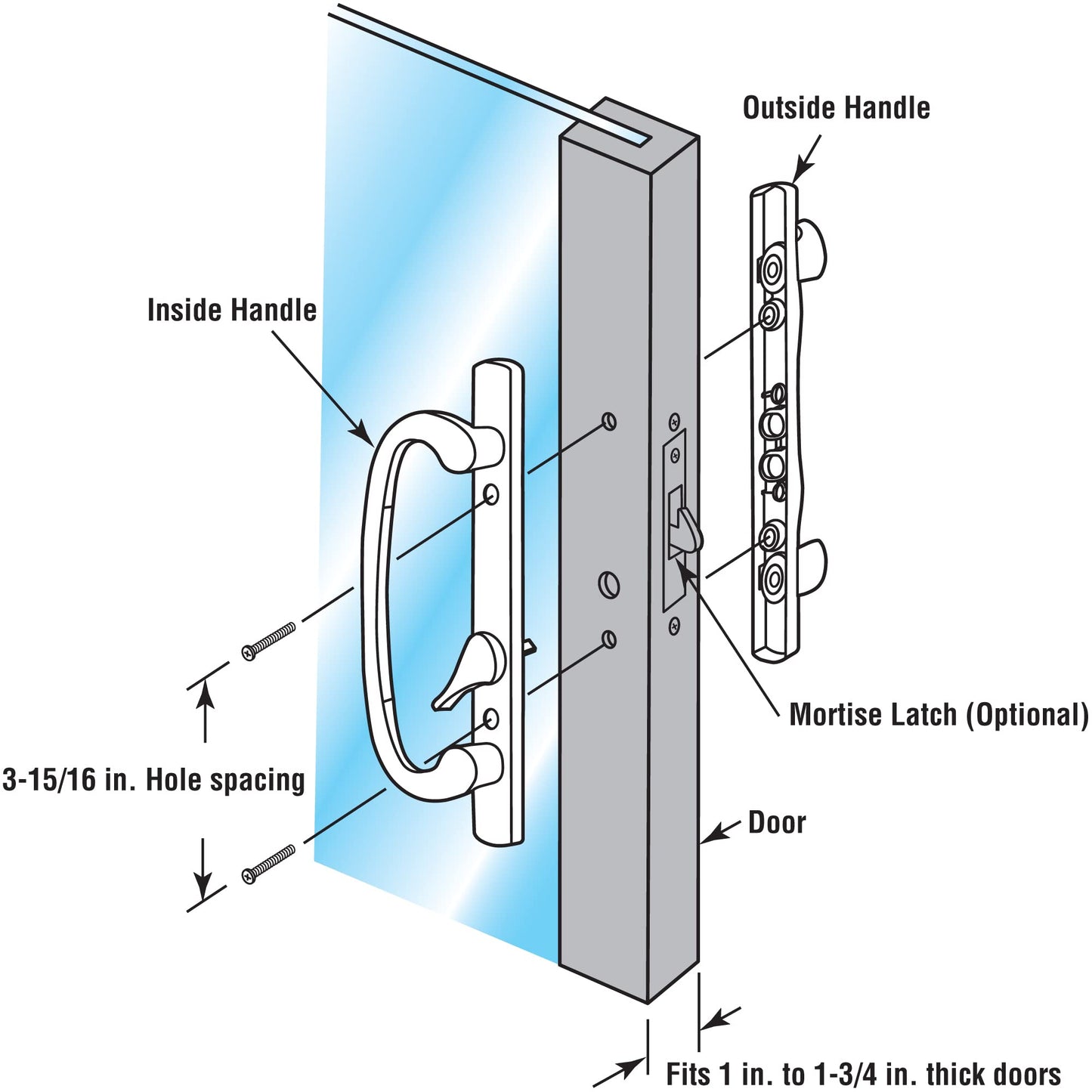 Prime-Line C 12808 Mortise Style Sliding Patio Door Handle Set - Replace Old or Damaged Door Handles, Black Diecast, Non-Keyed, Fits 3-15/16 in. Hole Spacing (1 Set)