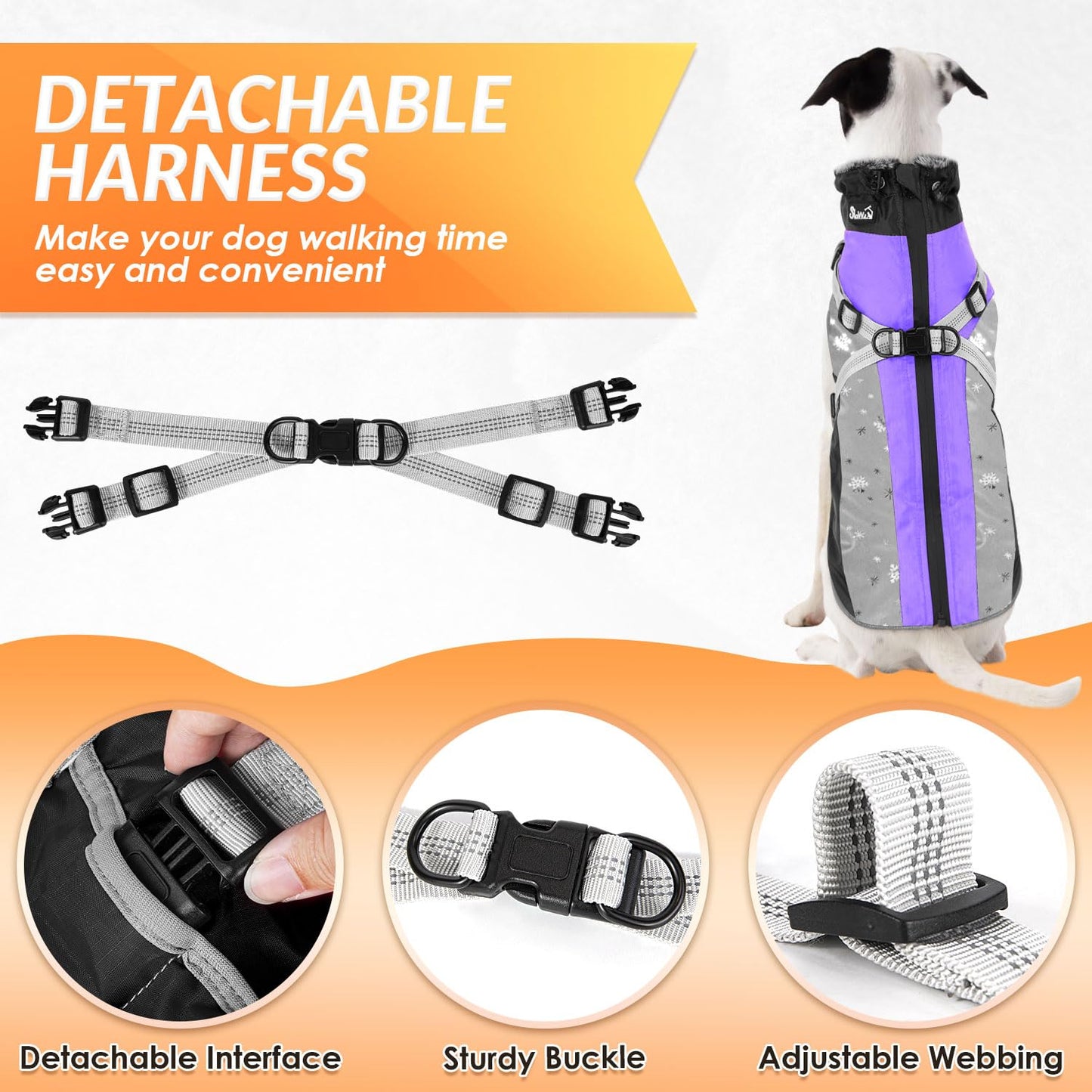 AUTOWT Winter Dog Coat for Medium Large Dogs, Waterproof Dog Coats Warm Jacket with Built in Harness, Adjustable Reflective Fleece Lining Dogs Cold Weather Coat Furry Clothes for Snow,Purple,XXL