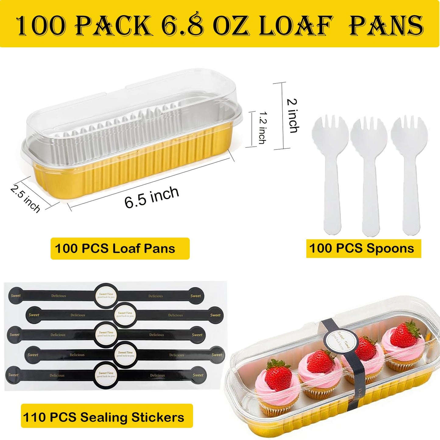 100 Pack Mini Loaf Pans with Lids and Spoons Sealing Sticker, 6.8oz Mini Cake Pans for Baking, Disposable Aluminum Foil Loaf Pans, Loaf Baking Pans, Small Cake Containers with Lids(Gold)