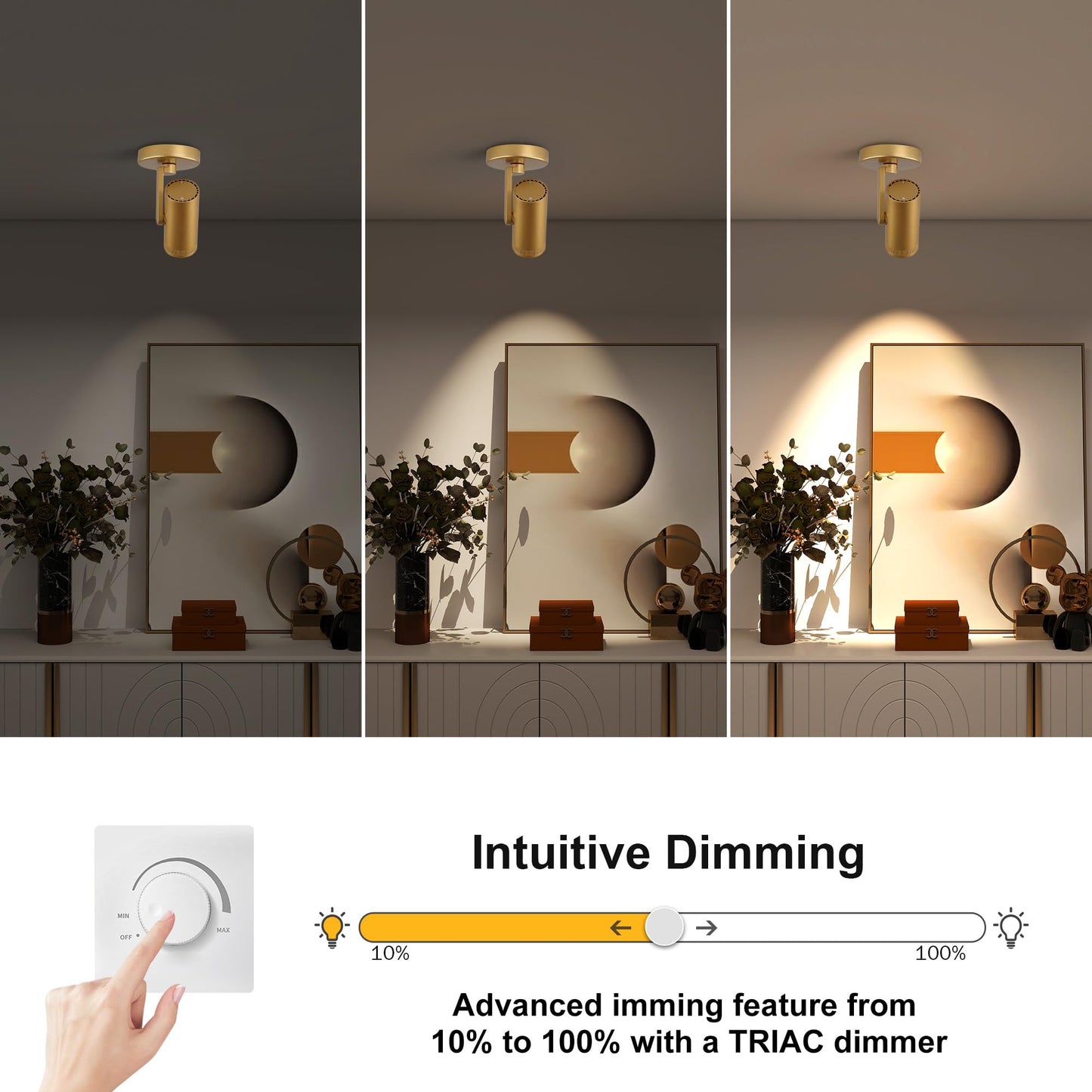 Opulux 12W LED Dimmable Zoomable Ceiling Spotlight Indoor – Adjustable Surface Mount Accent Light for Corridor, Living Room, Plants & Painting | Warm White 3000K CRI 97, Flicker-Free, Gold
