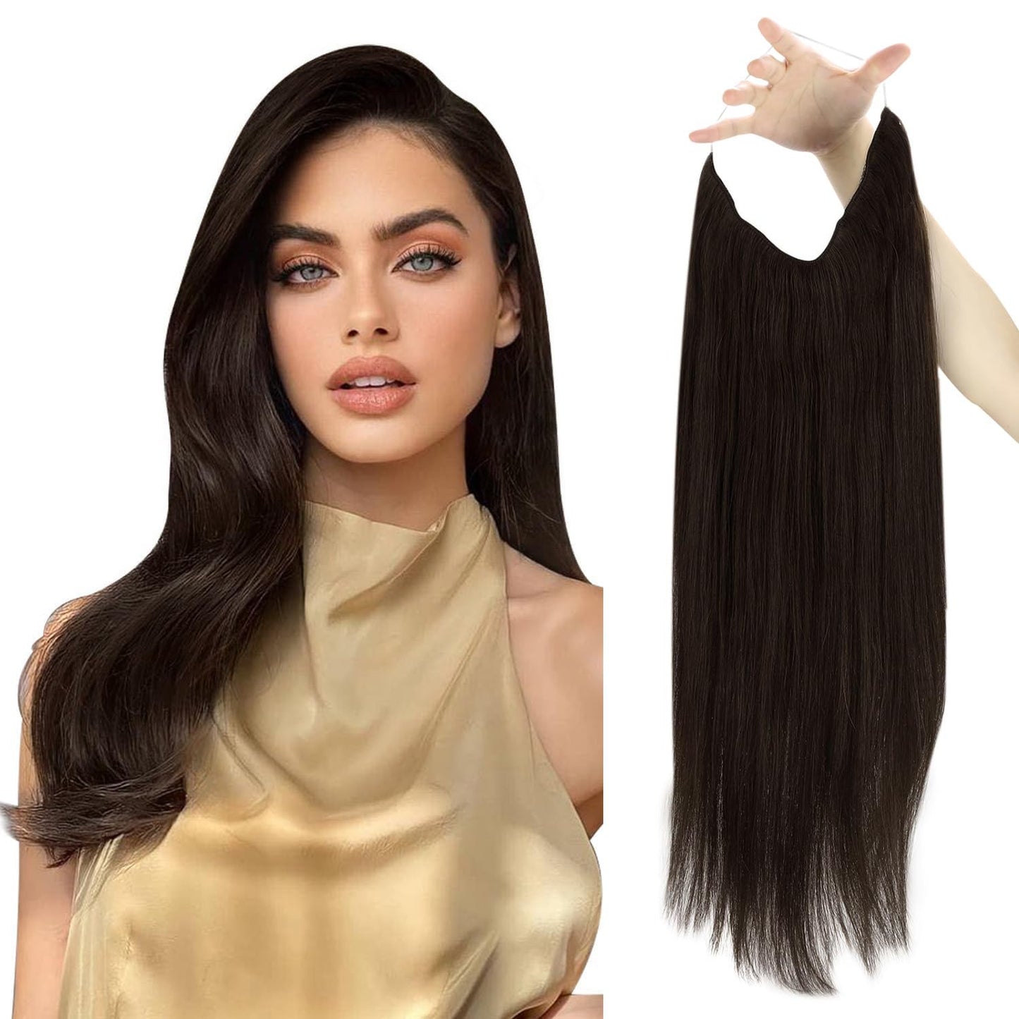 Sunny Hair Wire Hair Extensions Human Hair Invisible Hair Extensions for Women Straight Secret Hidden One Piece Extensions With Adjustable Line Dark Chocolate Brown 18inch