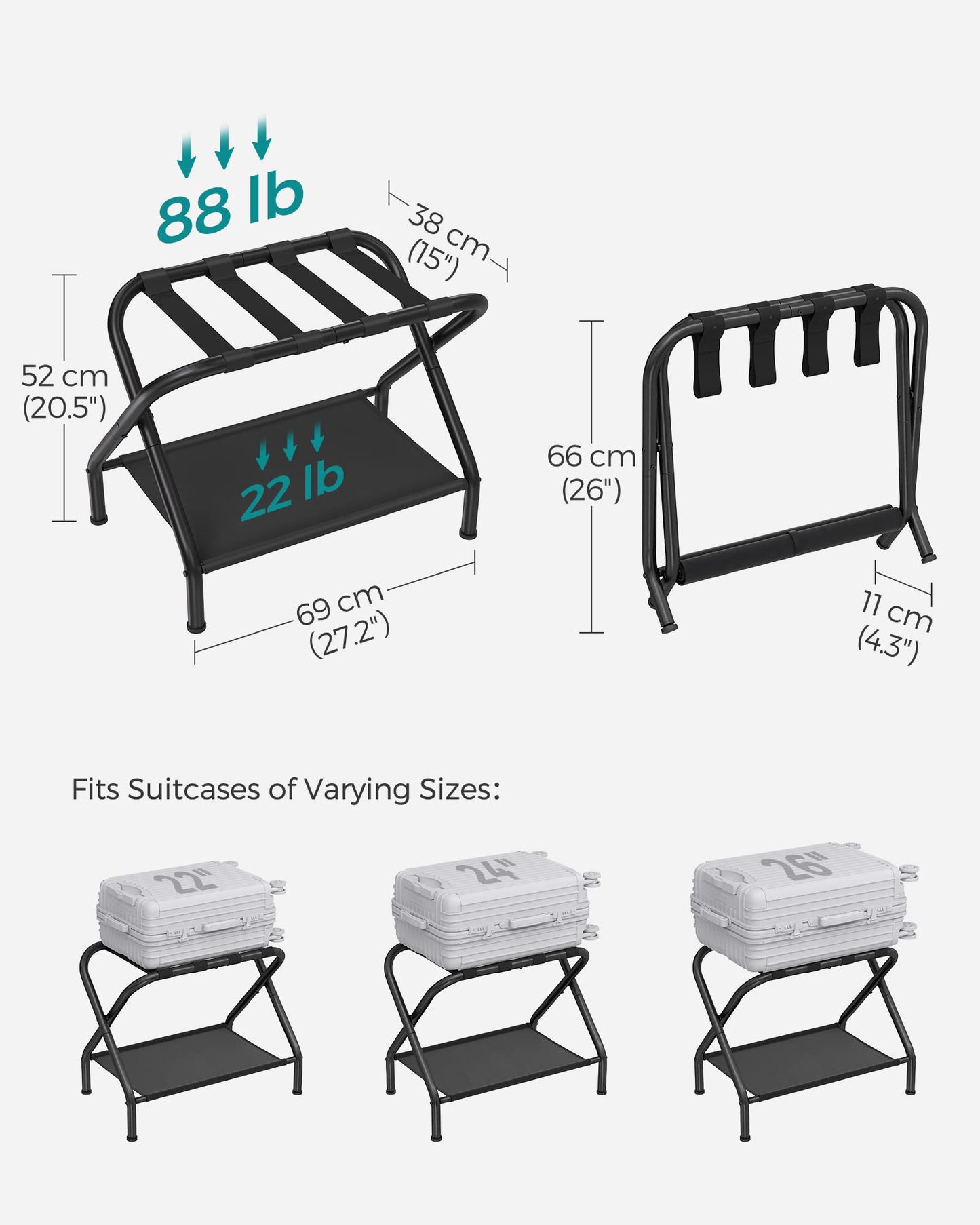 SONGMICS Luggage Racks, Set of 2, Suitcase Stand with Fabric Storage Shelf, for Guest Room, Bedroom, Hotel, Foldable, Holds up to 50 kg, 69 x 38 x 52 cm, Black URLR002B02