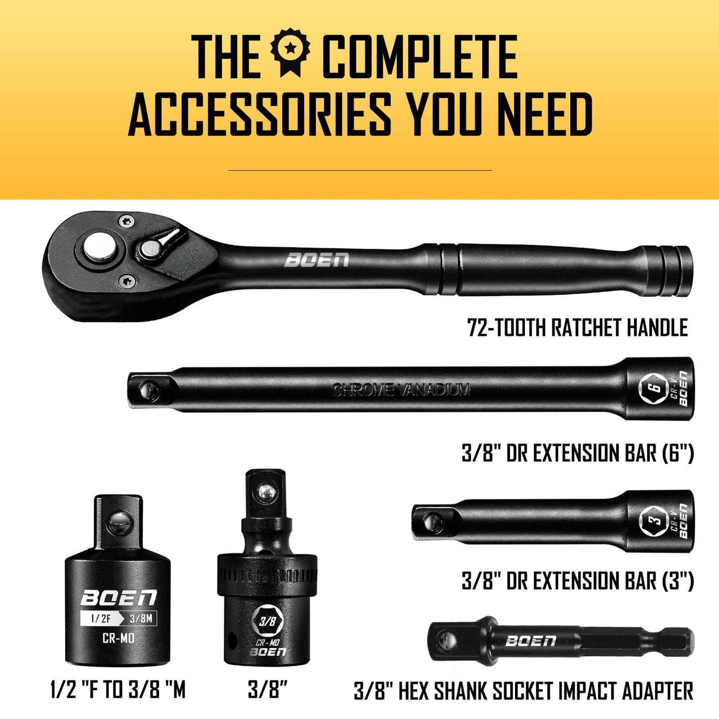 3/8" Drive Impact Socket Set, 59-Piece Standard SAE (5/16 to 3/4 inch) and Metric (6-22mm), Include 9-Piece E-Torx Socket Set (E5-E16) 丨Ratchet Handle, Extension Bar, Universal Joint, Adapter