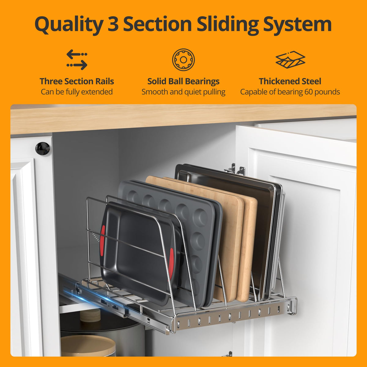 Pull Out Cabinet Organizer for Cutting Board, Baking Sheet, Cookie Sheet, Stainless Steel Sliding Rack for Bakeware & Trays, Heavy-Duty Cutting Board Organizer