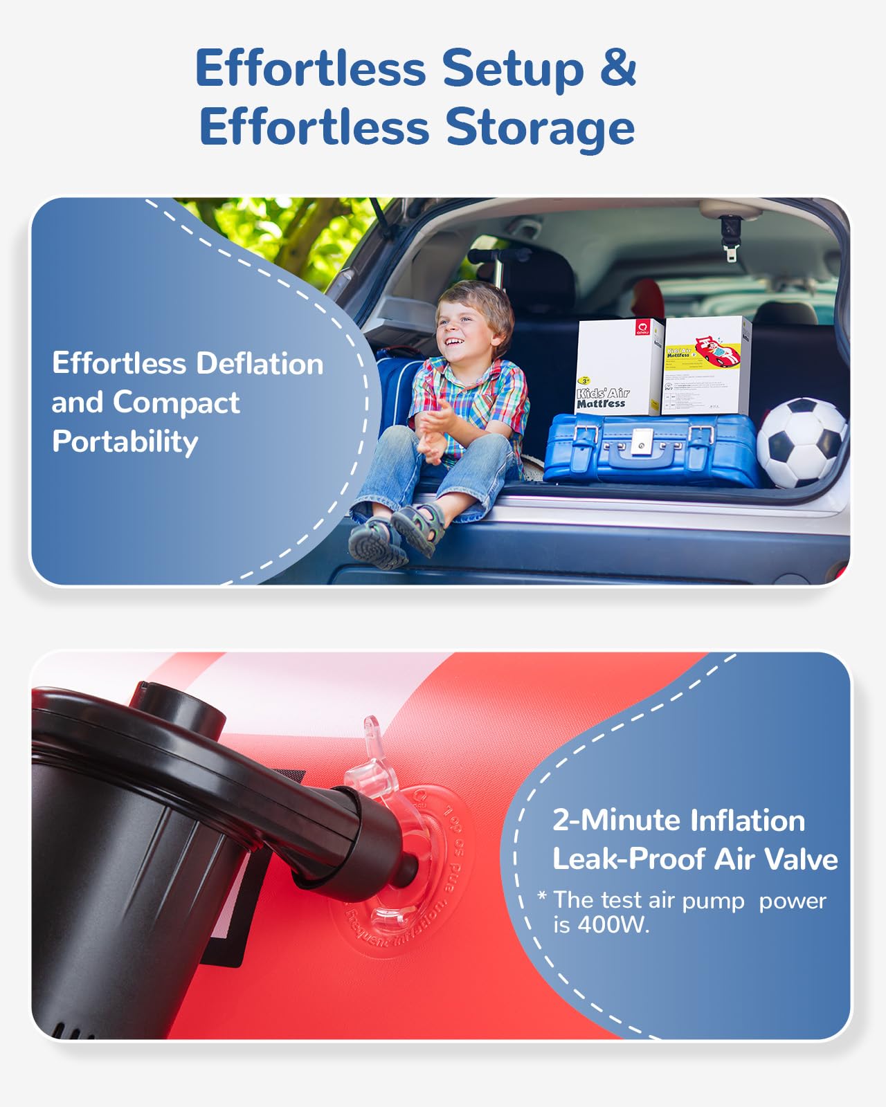 QPAU Inflatable Toddler Travel Bed, Kids Air Mattress with Safety Bed Rail, Portable Blow Up Mattress with Hand Pump for Camping, Traveling, Vacation, Hotel, or Home Use (Red)