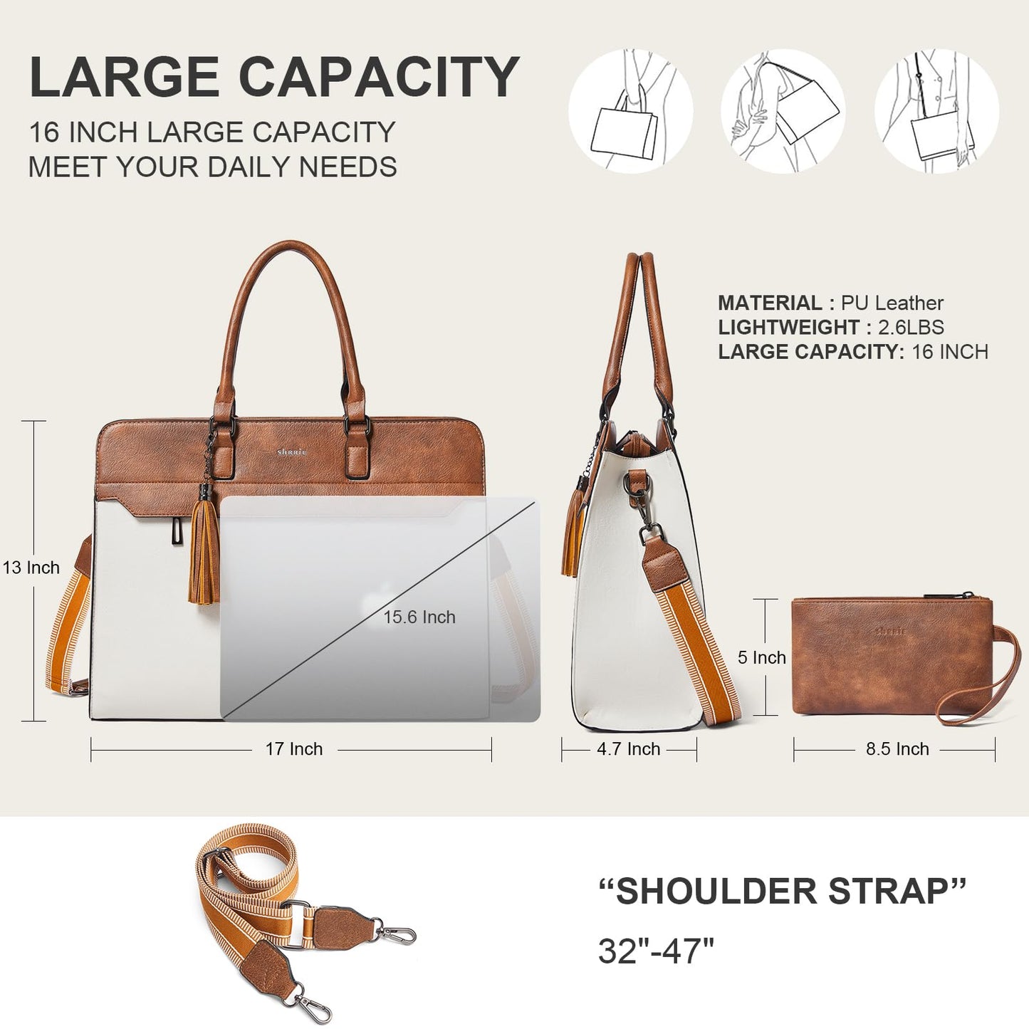 Shrrie 15.6 inches Laptop Bag for Women,Water-Resistant Work Bag Laptop Tote Bag,Briefcase with Satchel Purse