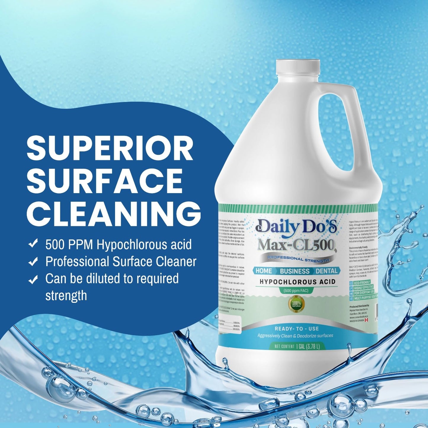 DailyDo's Hypochlorous Acid (HOCl) Cleaning & Hygiene Solution | 500ppm | 4L Value Size | Professional-Grade, Alcohol-Free & Non-Staining