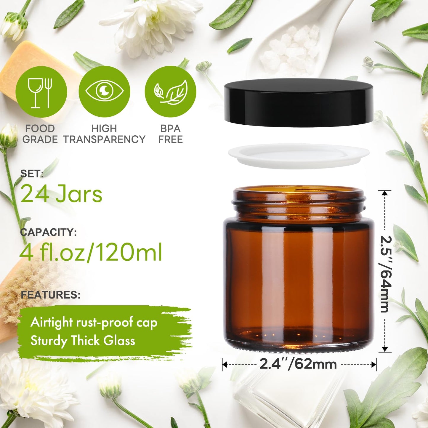 Alotpower 4 oz Amber Glass Jars 24-Pack With Spatulas & Floral Labels, Round Empty Jars With Lids for Scrubs, Lotions, Cosmetics, Candles (Set of 24)