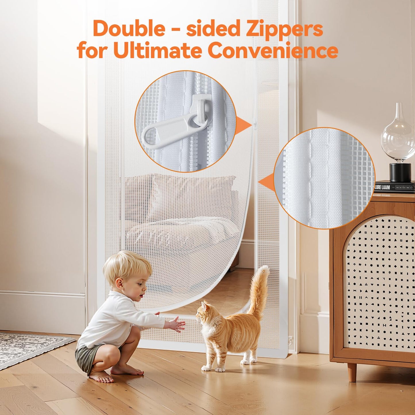 BFNN Cat Screen Door, Extra Tall Cat-Proof Mesh Gate, Fit Door Size 32'' x 80'', Anti Scratch Mesh with Zipper Closure, for Living Room, Kitchen, Bedroom (White, U-Shaped)