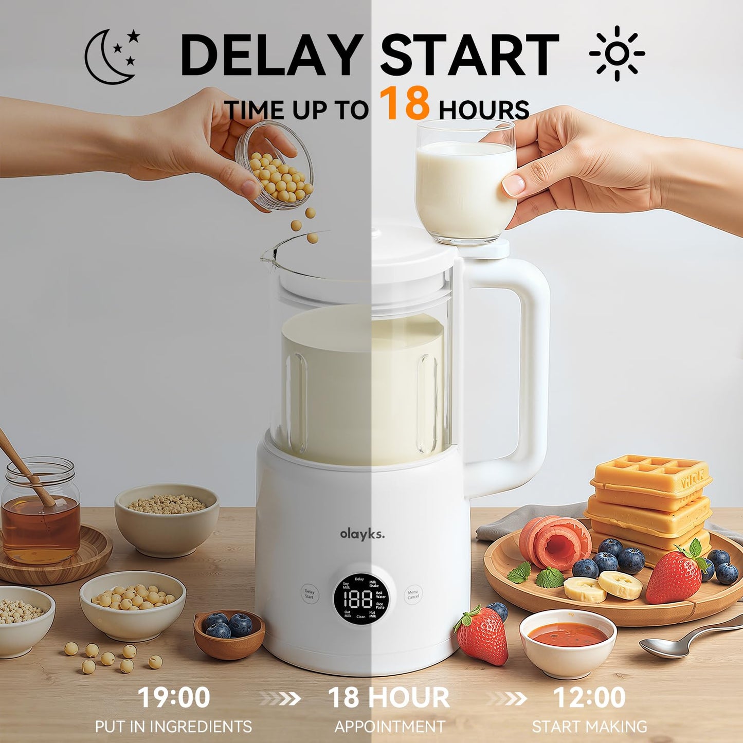 olayks 6 in 1 Automatic Nut Milk Maker Blender, 20oz Homemade soy milk maker for Plant-Based Milk, Coconut, Soy, Oat, Almond & Non-Dairy Beverages with Delay Start/Keep Warm/Boil Water/Self-Cleaning