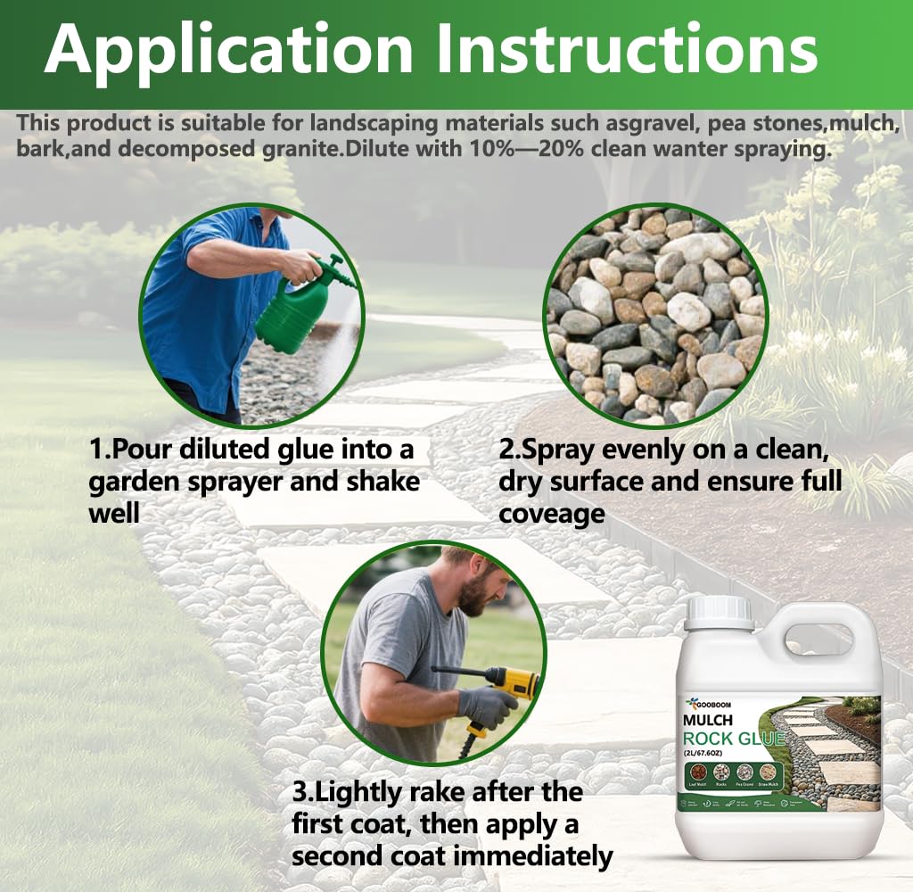 GooBoom 66.7 OZ Rock and Mulch Glue for Landscaping – Clear Drying Landscape Adhesive Spray for Gravel, Pea Gravel & Bark – Weather-Resistant Outdoor Glue for Weed Control & Decorative Appeal