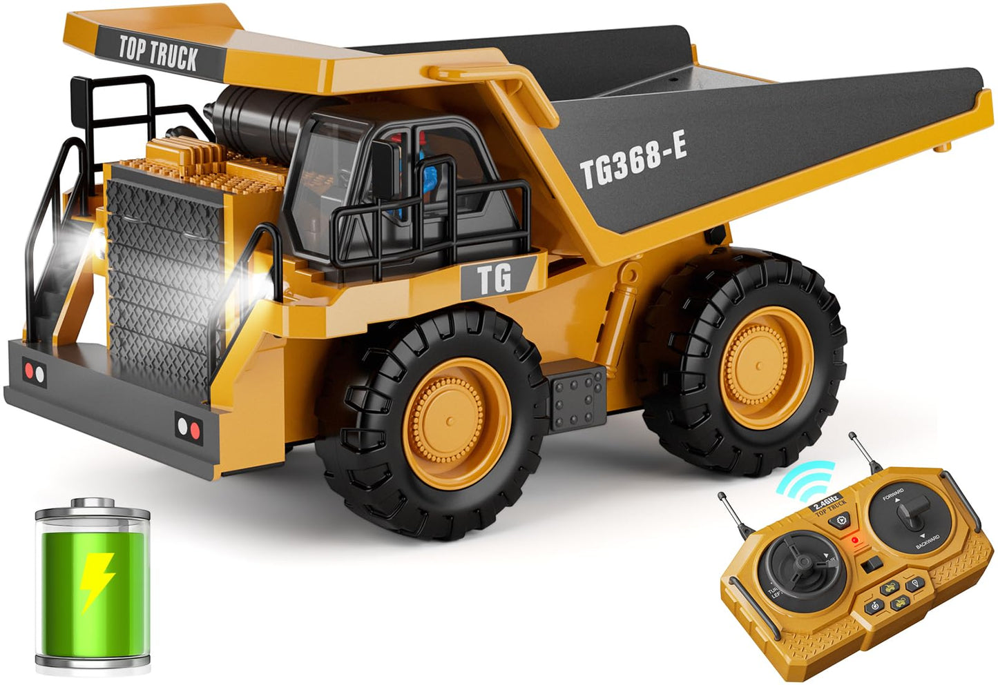 WELIN Remote Control Dump Truck Toys, Construction Vehicles with Metal Bed & 2 Rechargeable Batteries, 9-Channel RC Truck Games with Lights & Sound, Birthday Gifts for Kids Boys Ages 3-12